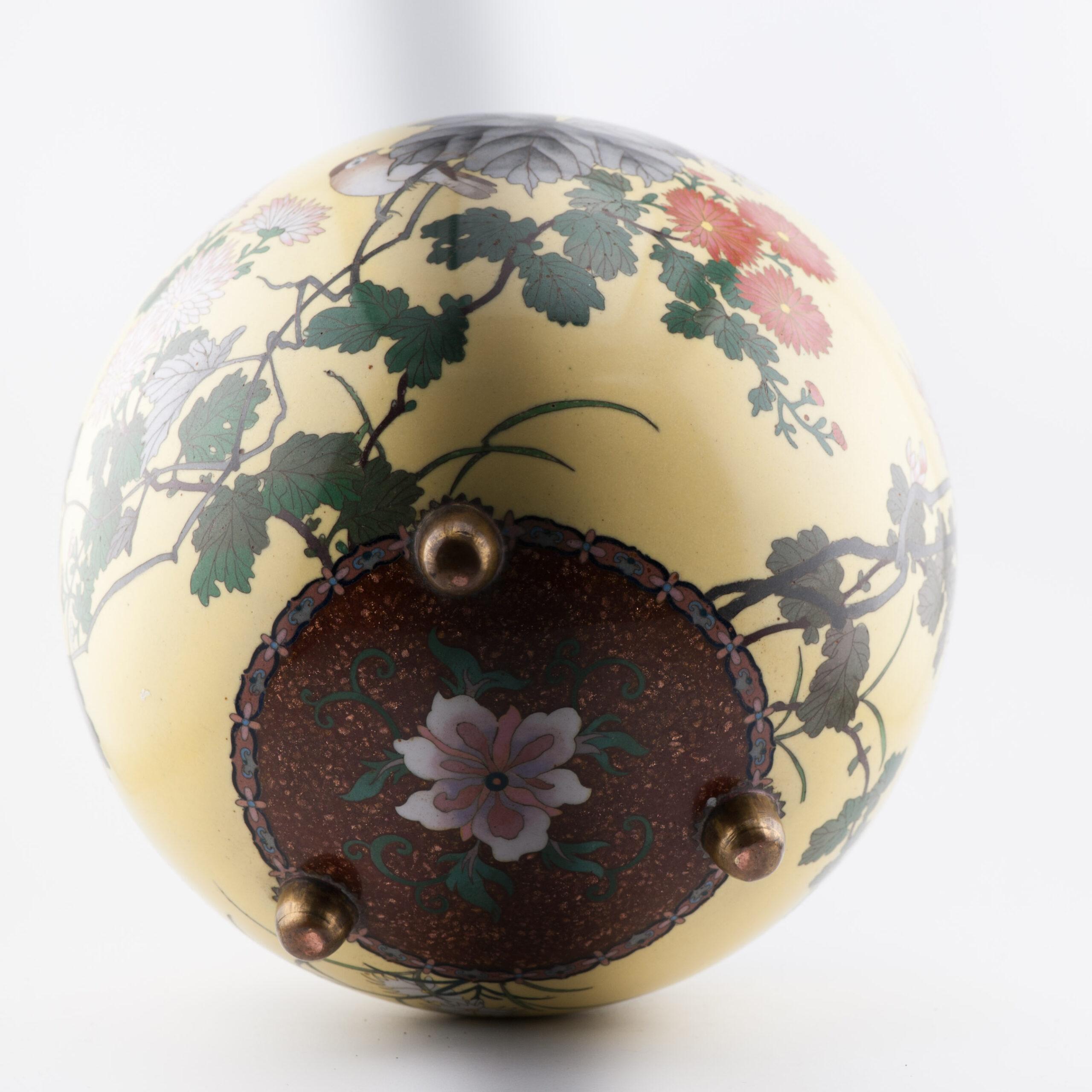 Japanese Yellow Ground Incense Burner with Flowers and Birds Cloisonné Enamel Meiji Era For Sale