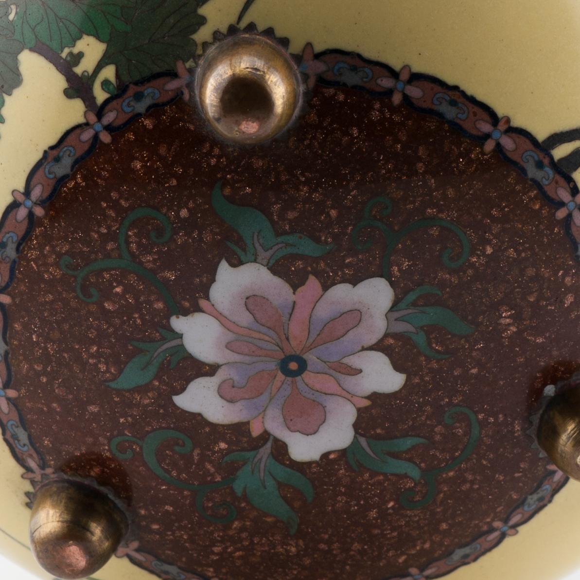 Cloissoné Yellow Ground Incense Burner with Flowers and Birds Cloisonné Enamel Meiji Era For Sale