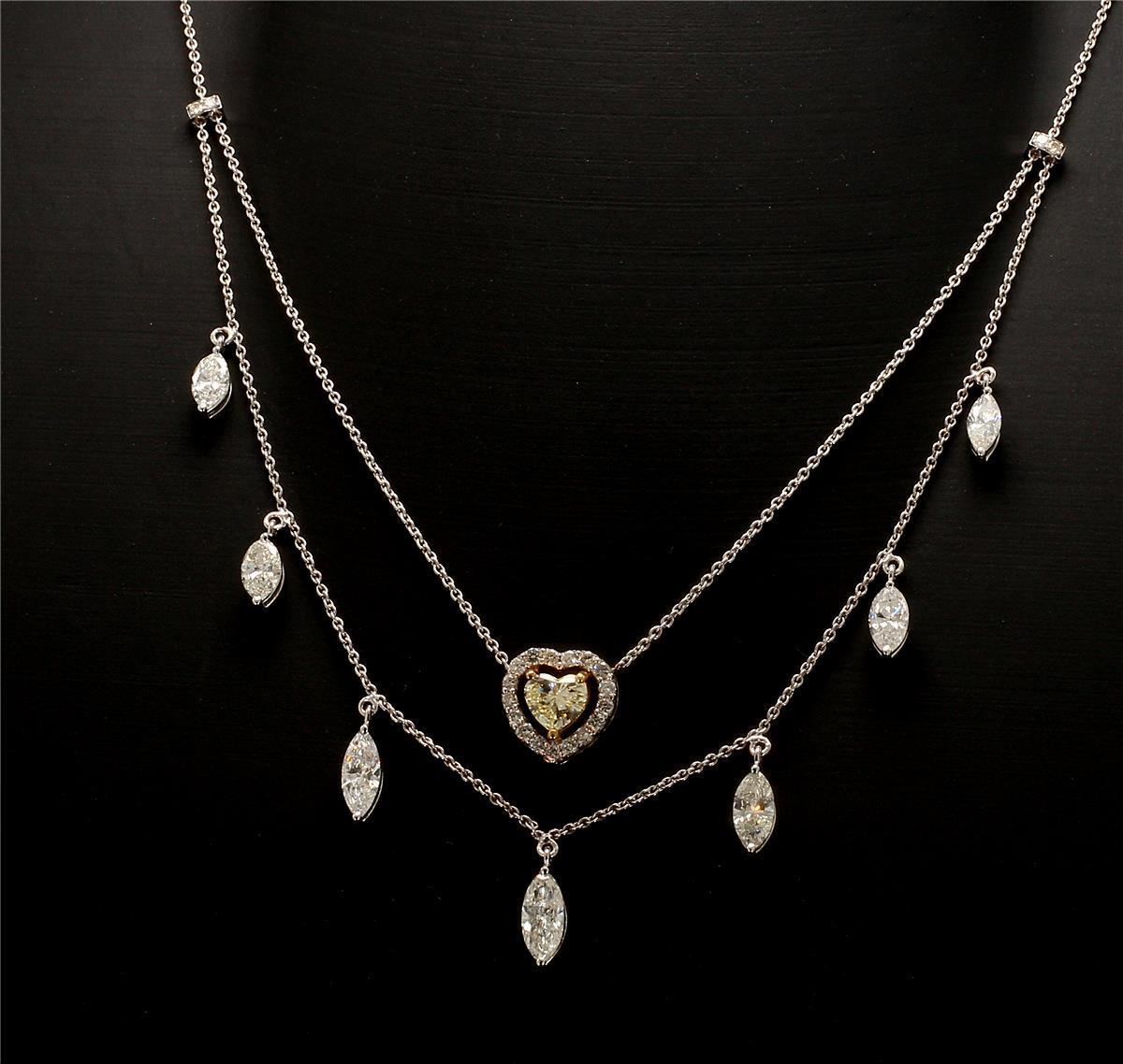 Anglo-indien Collier à deux rangées de diamants en forme de cœur jaune et de marquise en or 14 carats