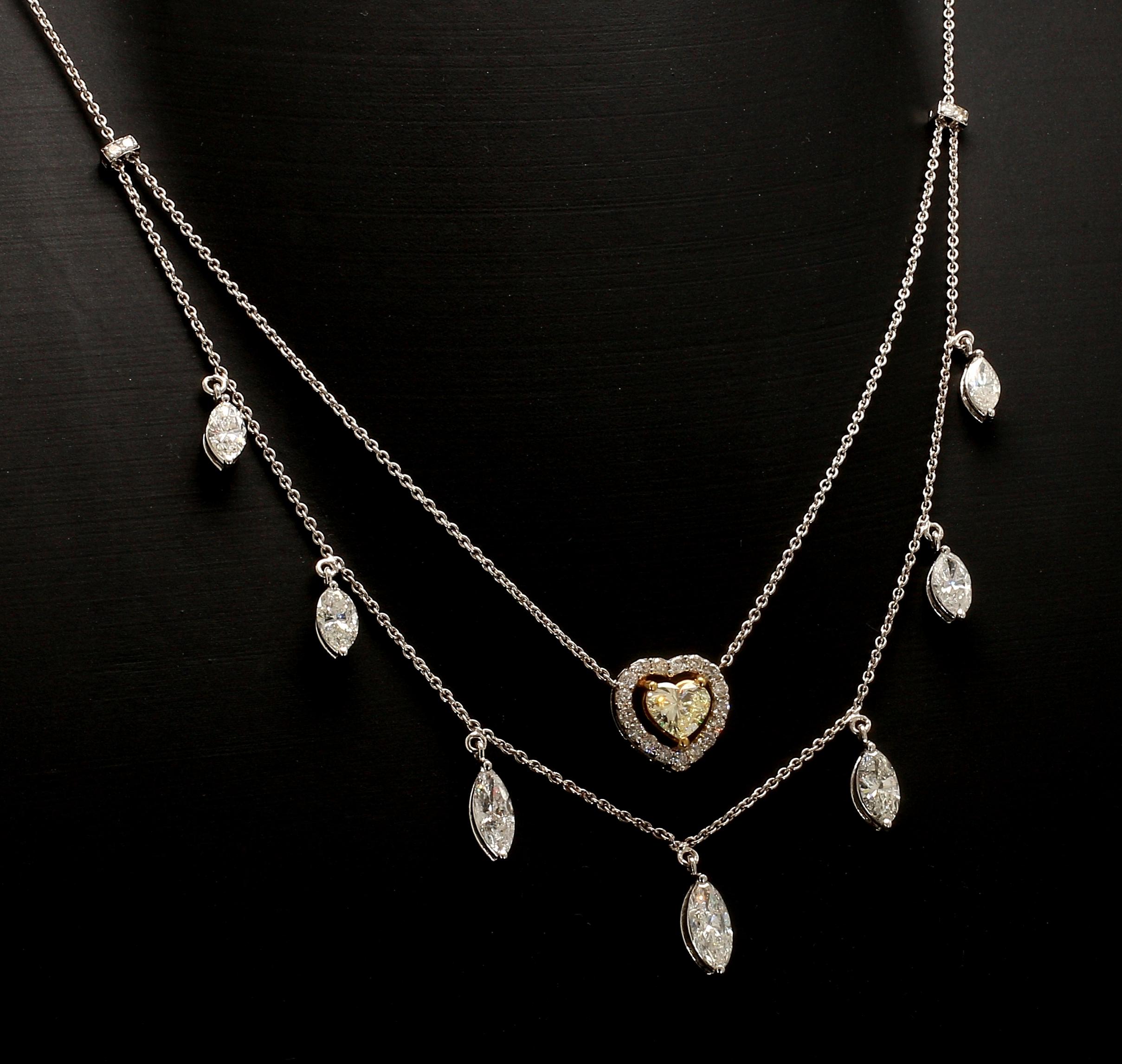 Taille Marquise Collier à deux rangées de diamants en forme de cœur jaune et de marquise en or 14 carats