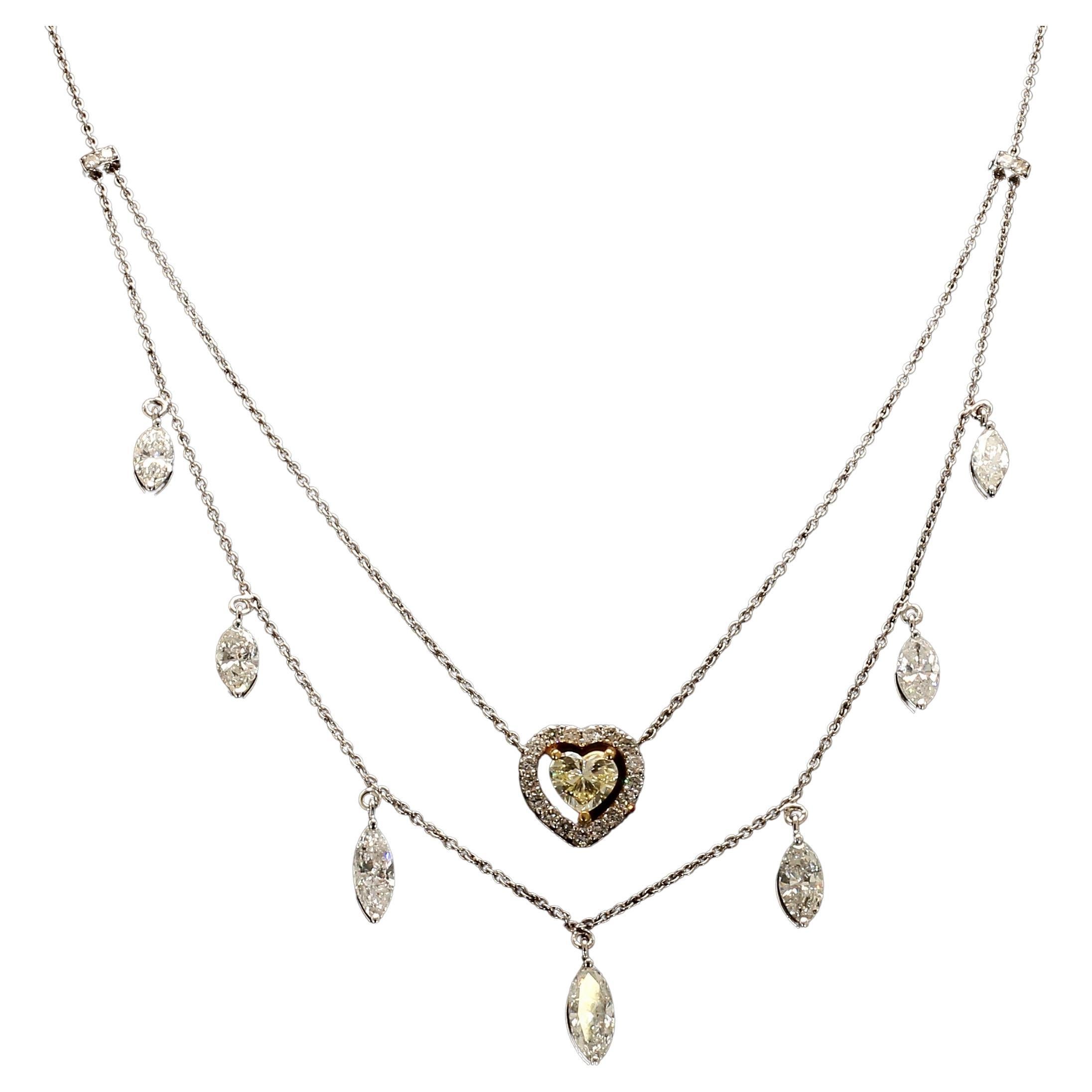 Collier à deux rangées de diamants en forme de cœur jaune et de marquise en or 14 carats