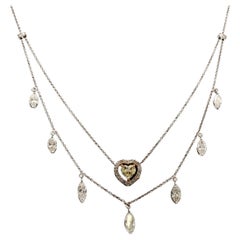 Collier à deux rangées de diamants en forme de cœur jaune et de marquise en or 14 carats
