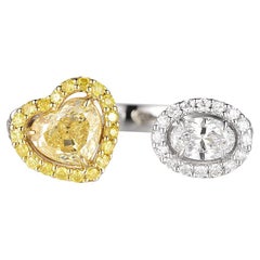 Yellow Heart Cut Diamond and Oval Cut Diamond Toi et Moi Ring in 18 Karat Gold