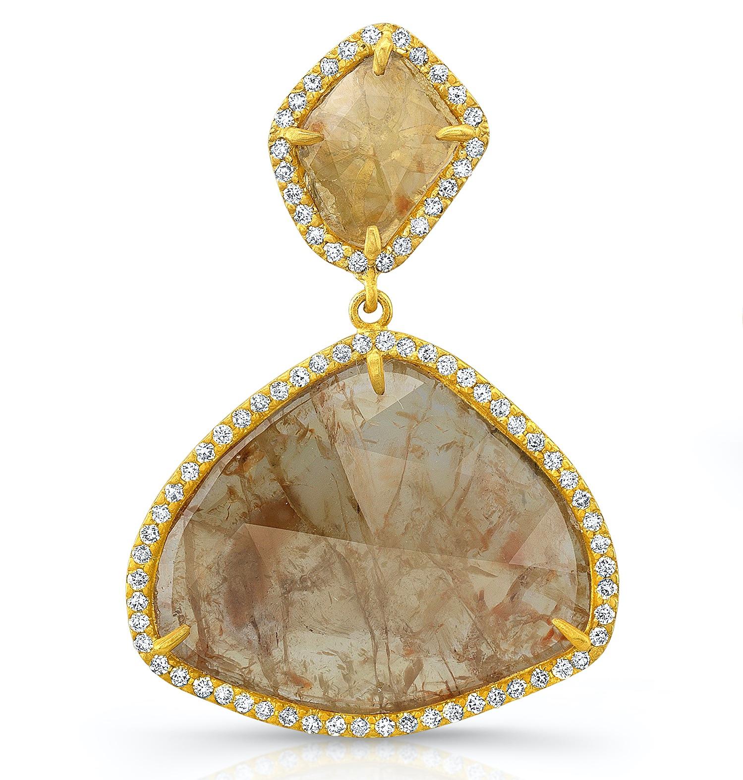 .92ct Delicate Yellow Diamond Slices with Large 8.49ct Honey “Marbled” Loosely faceted Diamond Slices Drop Earrings and .89ct Diamond Pave in 18k Matte Finish Yellow Gold Handmade in Los Angeles.  All Diamonds are ethically sourced.