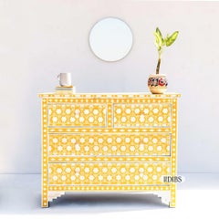 Yellow Honeycomb Bone Inlay Four-Drawer Dresser, Bone Knobs by House of Jaipur