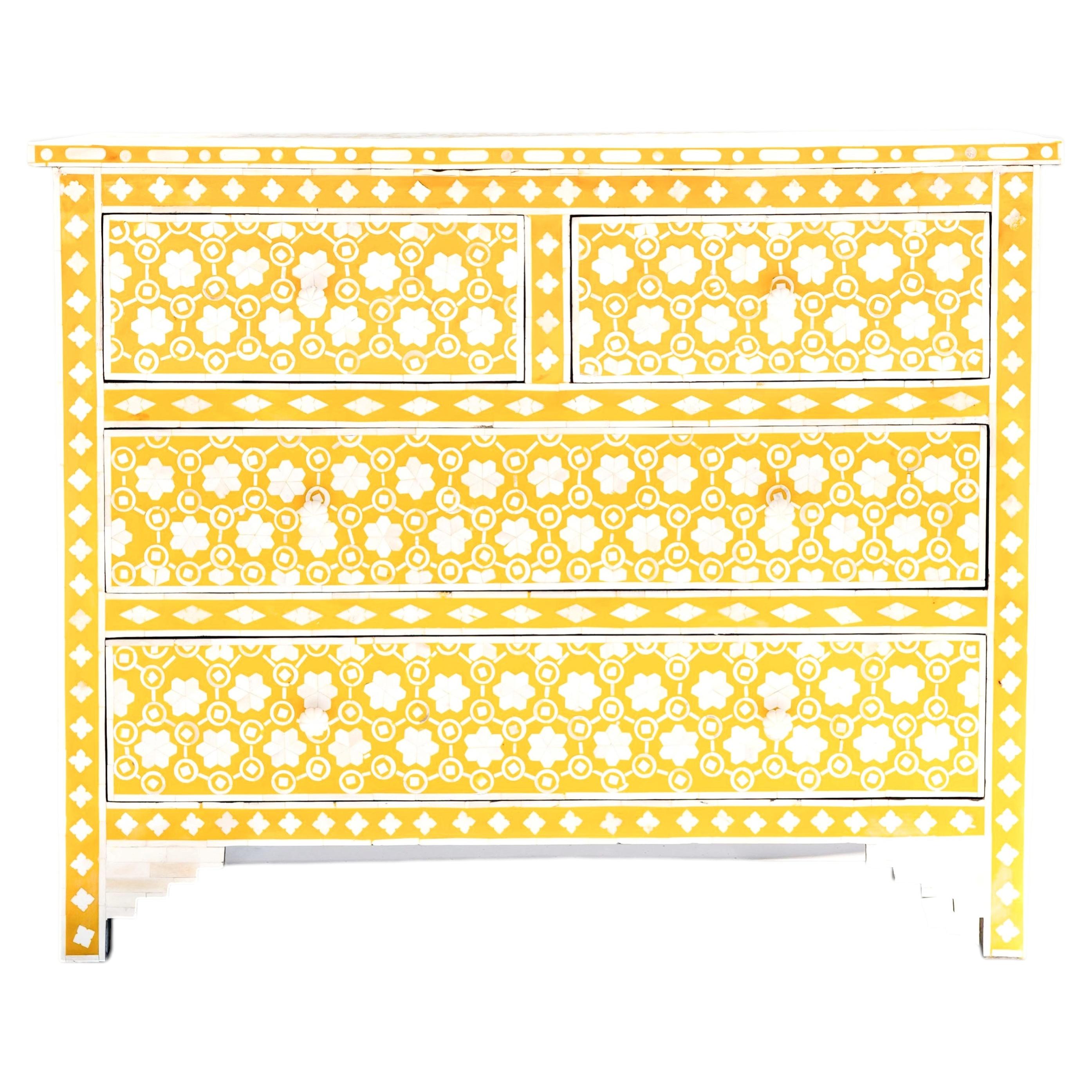 Yellow Honeycomb Bone Inlay Four-Drawer Dresser, Bone Knobs by House of Jaipur