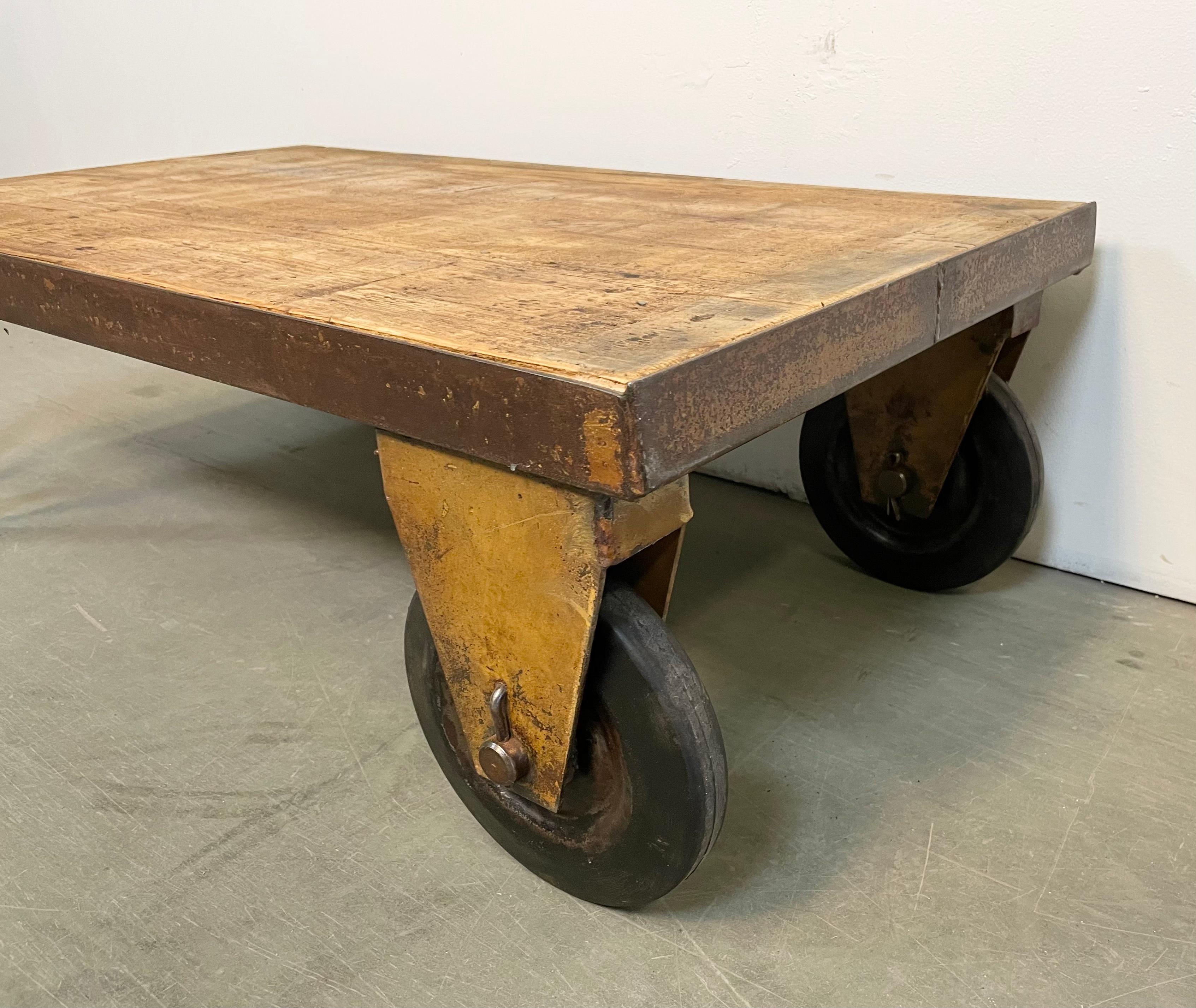 Czech Yellow Industrial Coffee Table Cart, 1960s
