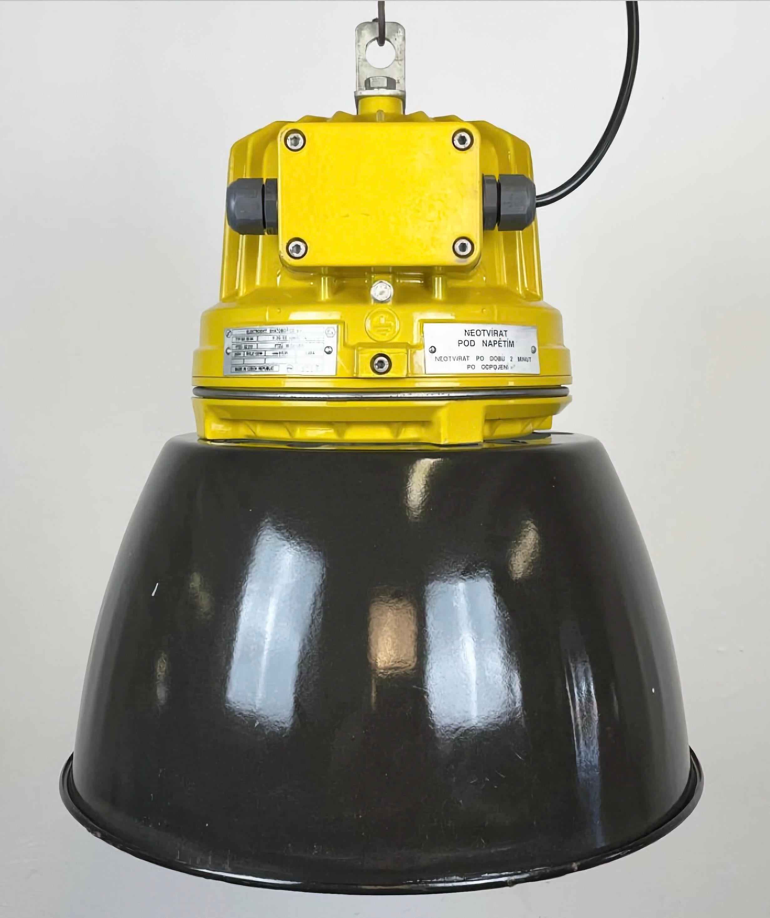 Czech Yellow Industrial Explosion Proof Lamp with Black Enameled Shade, 1990s For Sale