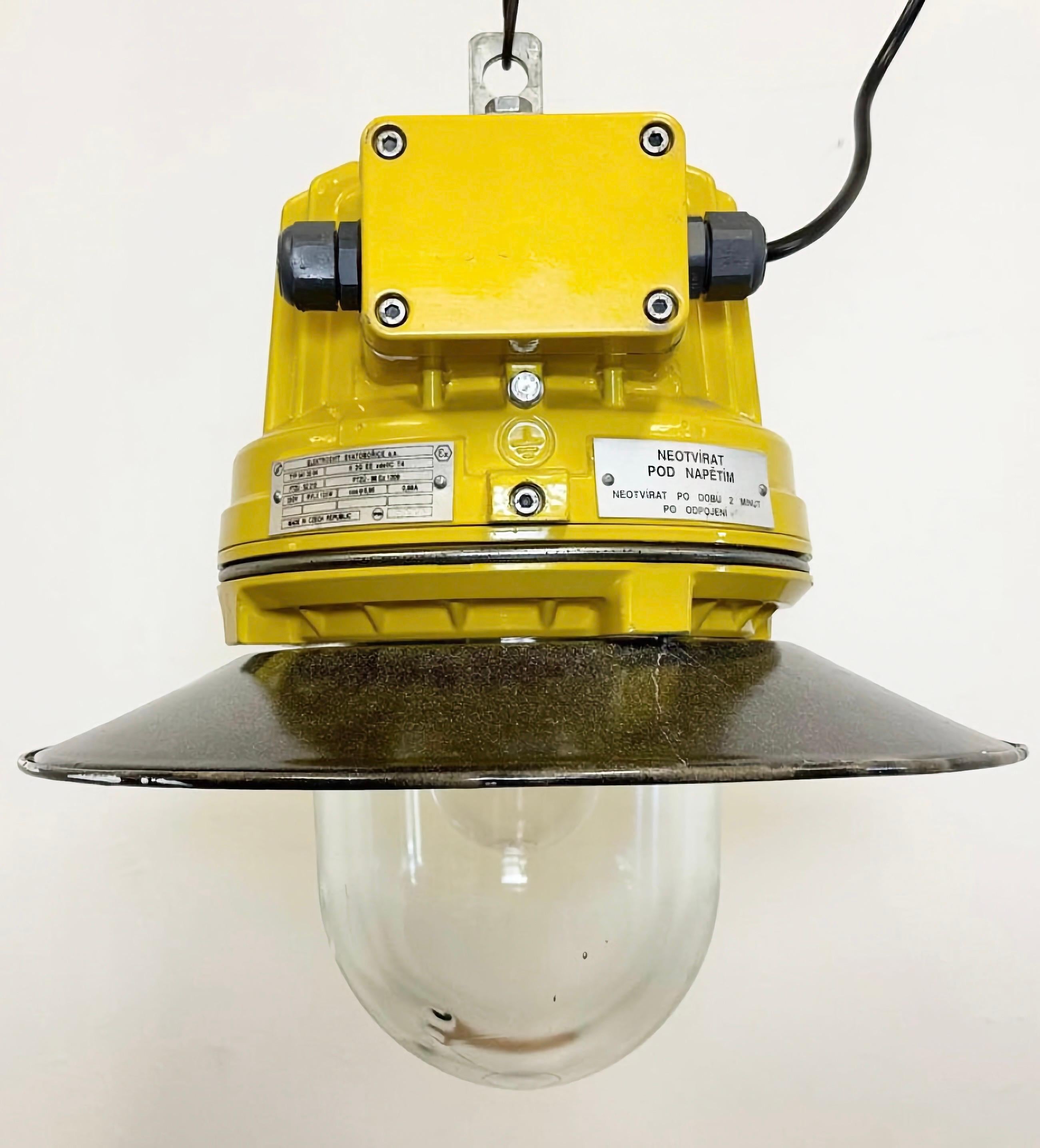 Czech Yellow Industrial Explosion Proof Lamp with Grey Enameled Shade, 1990s For Sale