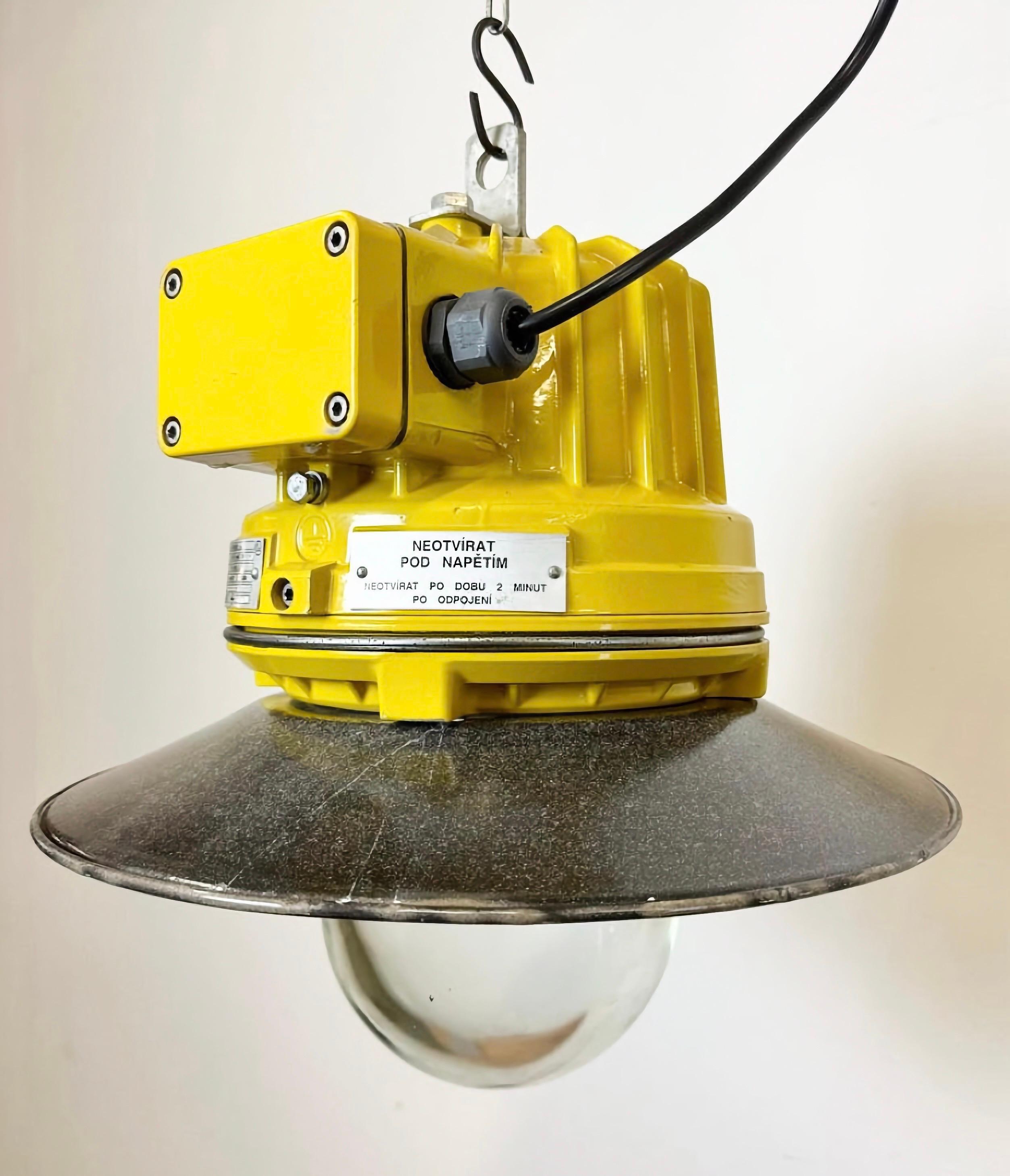 Yellow Industrial Explosion Proof Lamp with Grey Enameled Shade, 1990s For Sale 1