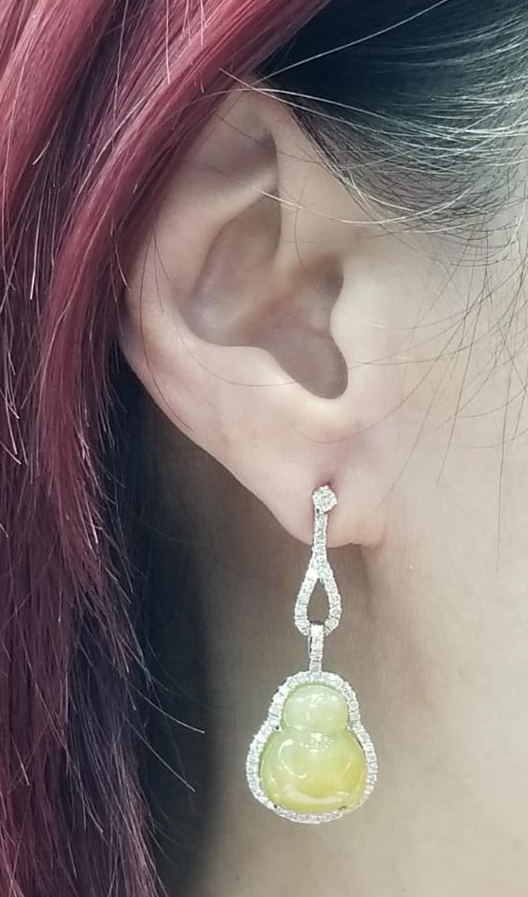Uncut Vintage Yellow Jadeite 30.35Ct and Diamond Dangle Earring in 18K White Gold  For Sale
