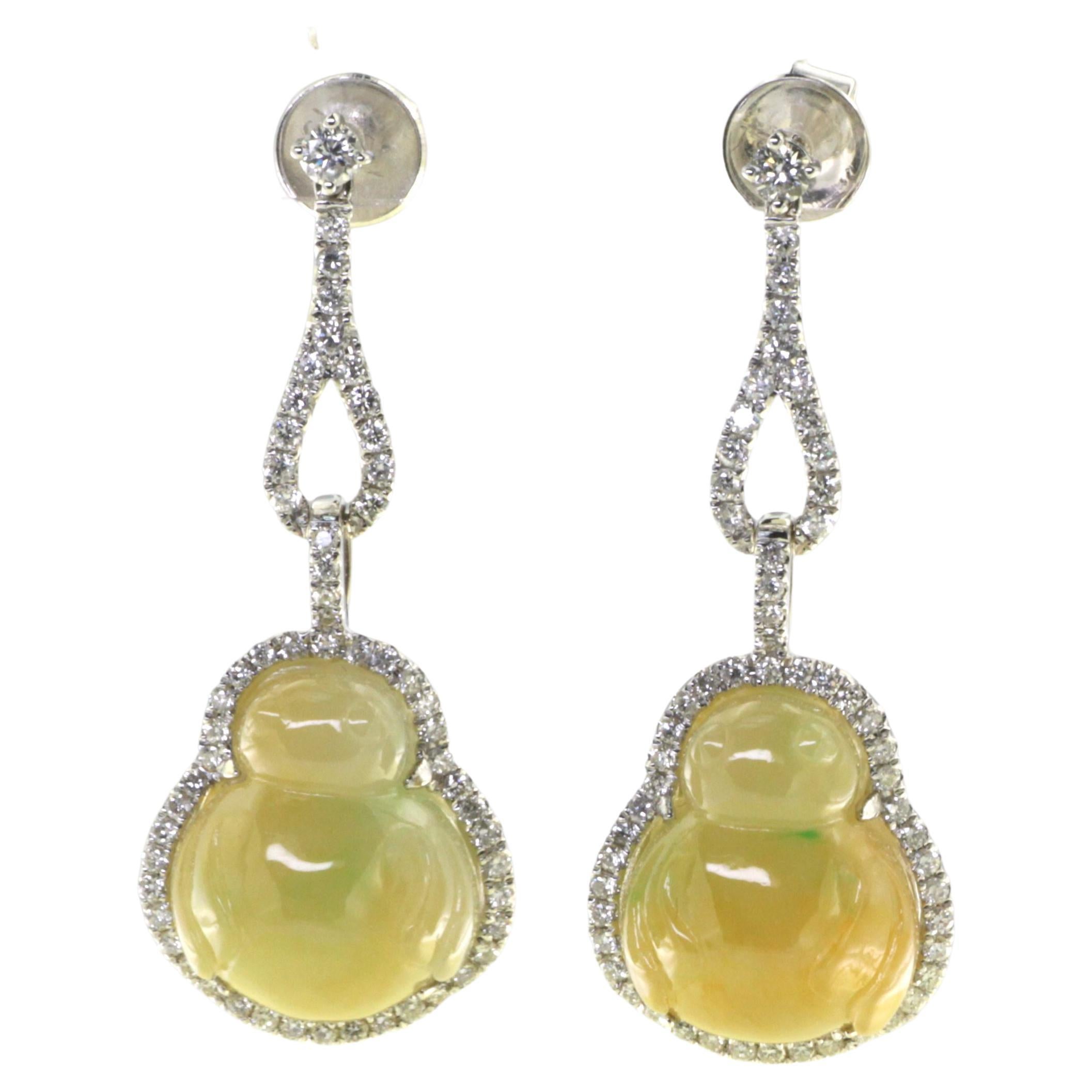 Vintage Yellow Jadeite 30.35Ct and Diamond Dangle Earring in 18K White Gold  For Sale