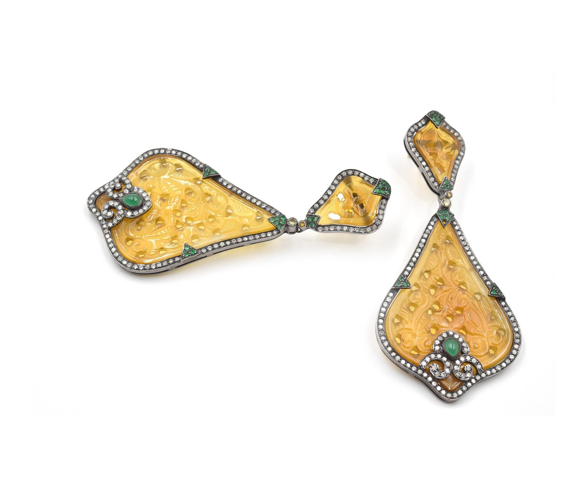Yellow Jade, Diamond and Emerald Sterling Silver and 14 Karat Gold Earrings In Good Condition In Scottsdale, AZ