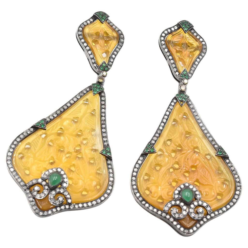 Yellow Jade, Diamond and Emerald Sterling Silver and 14 Karat Gold Earrings