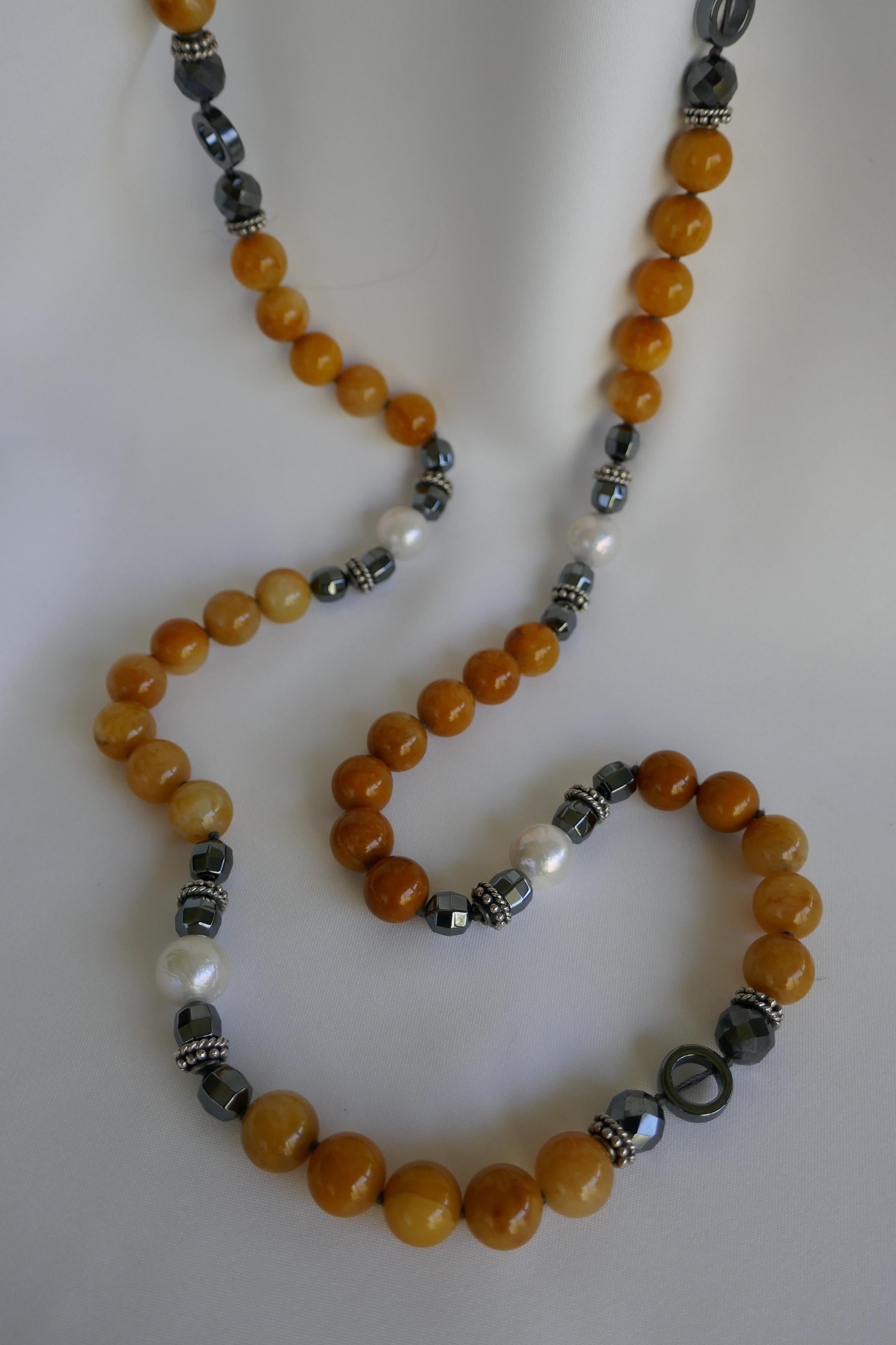 Contemporary Yellow Jade Hematite Cultured Pearls Vermeil 925 & 925 Silver Gemstone Necklace For Sale