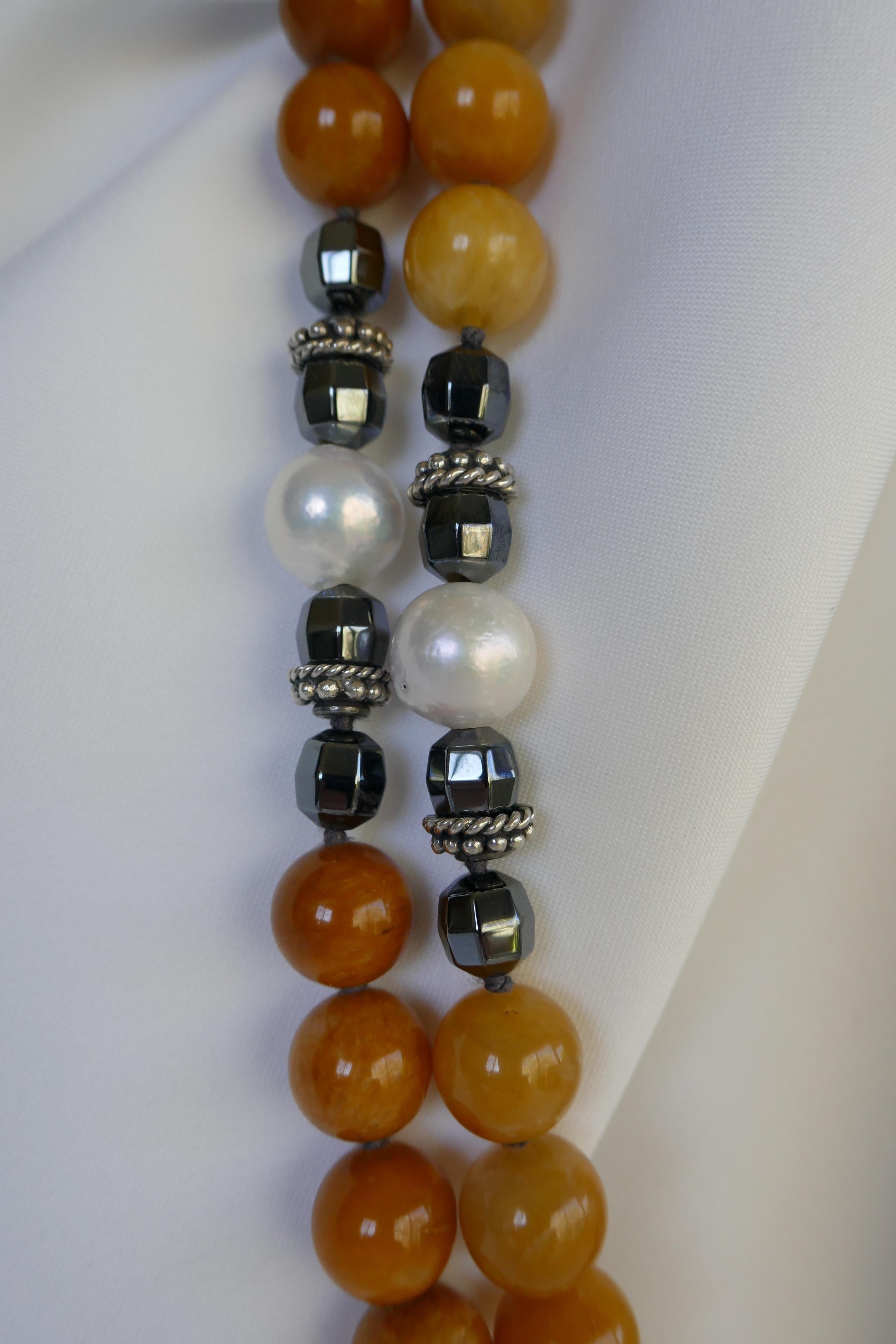 Yellow Jade Hematite Cultured Pearls Vermeil 925 & 925 Silver Gemstone Necklace In New Condition For Sale In Coral Gables, FL