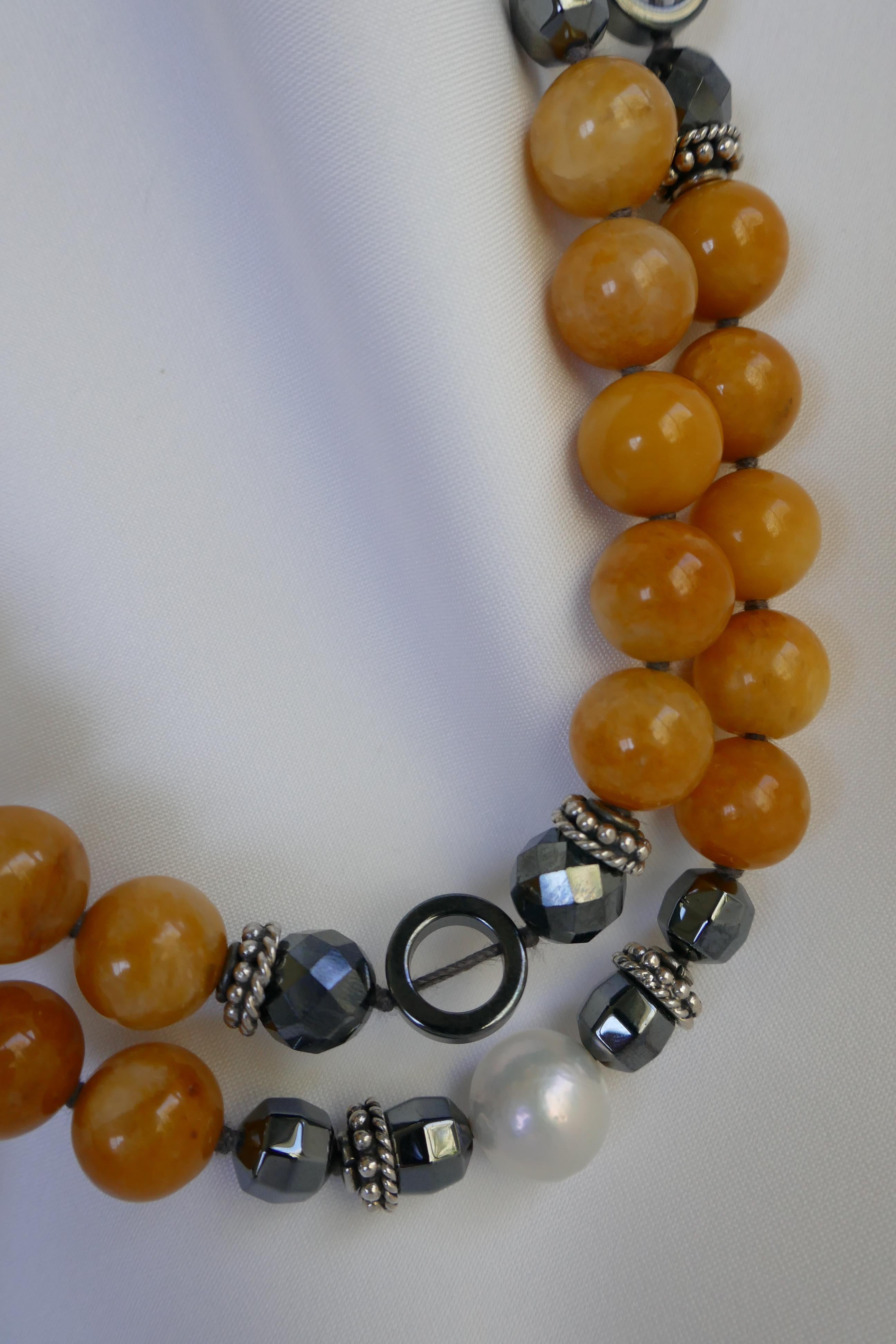 Women's Yellow Jade Hematite Cultured Pearls Vermeil 925 & 925 Silver Gemstone Necklace For Sale