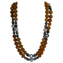 Yellow Jade Hematite Cultured Pearls Vermeil 925 
925 Silver Gemstone Necklace