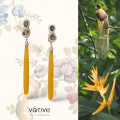 Yellow Jade Long Earrings in 18K Yellow Gold with Sapphires and Diamonds