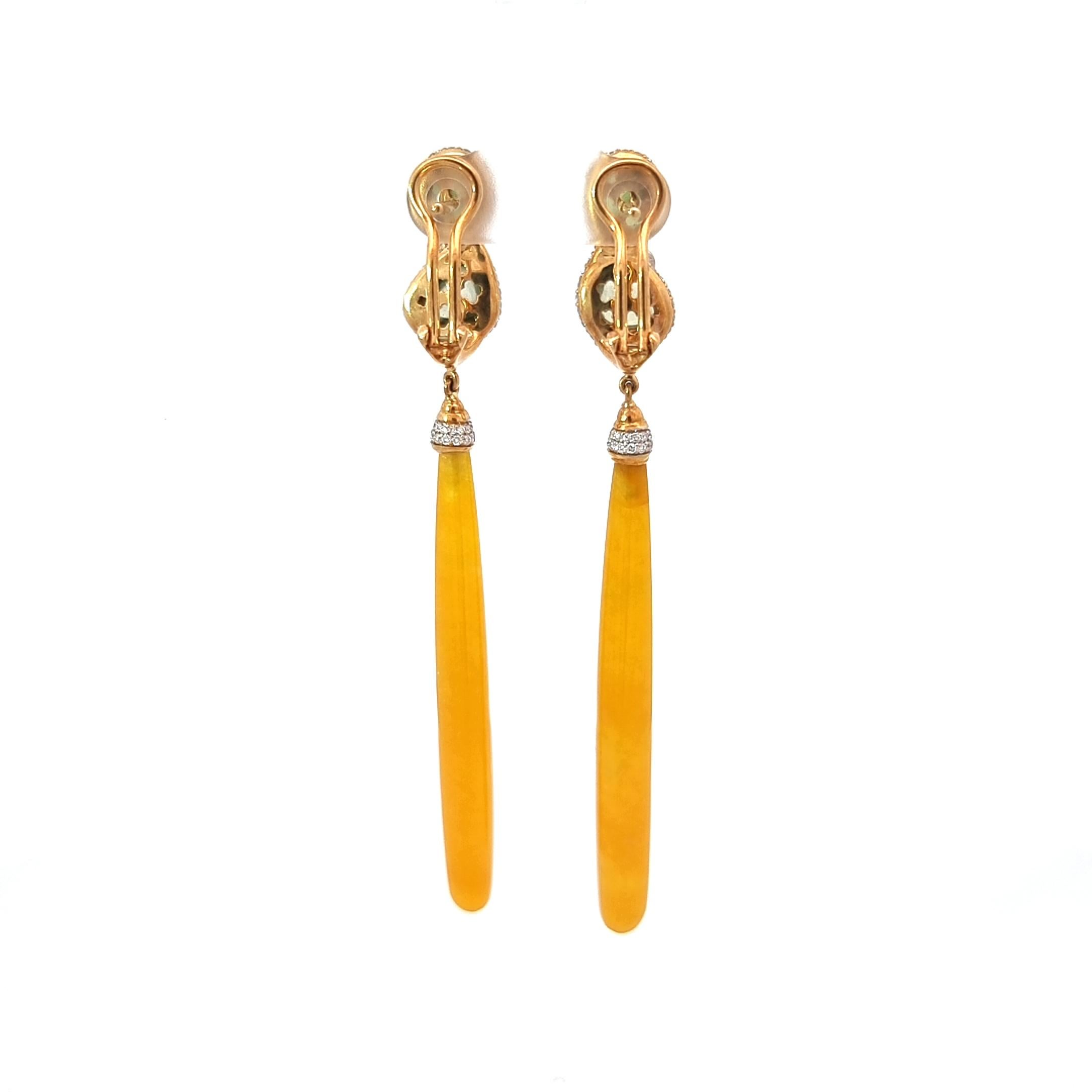 Yellow Jade Long Earrings in 18K Yellow Gold with Sapphires and Diamonds For Sale 1