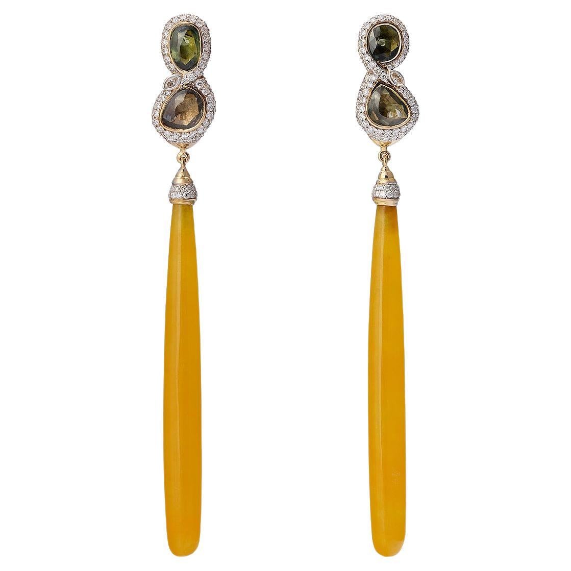 Yellow Jade Long Earrings in 18K Yellow Gold with Sapphires and Diamonds For Sale