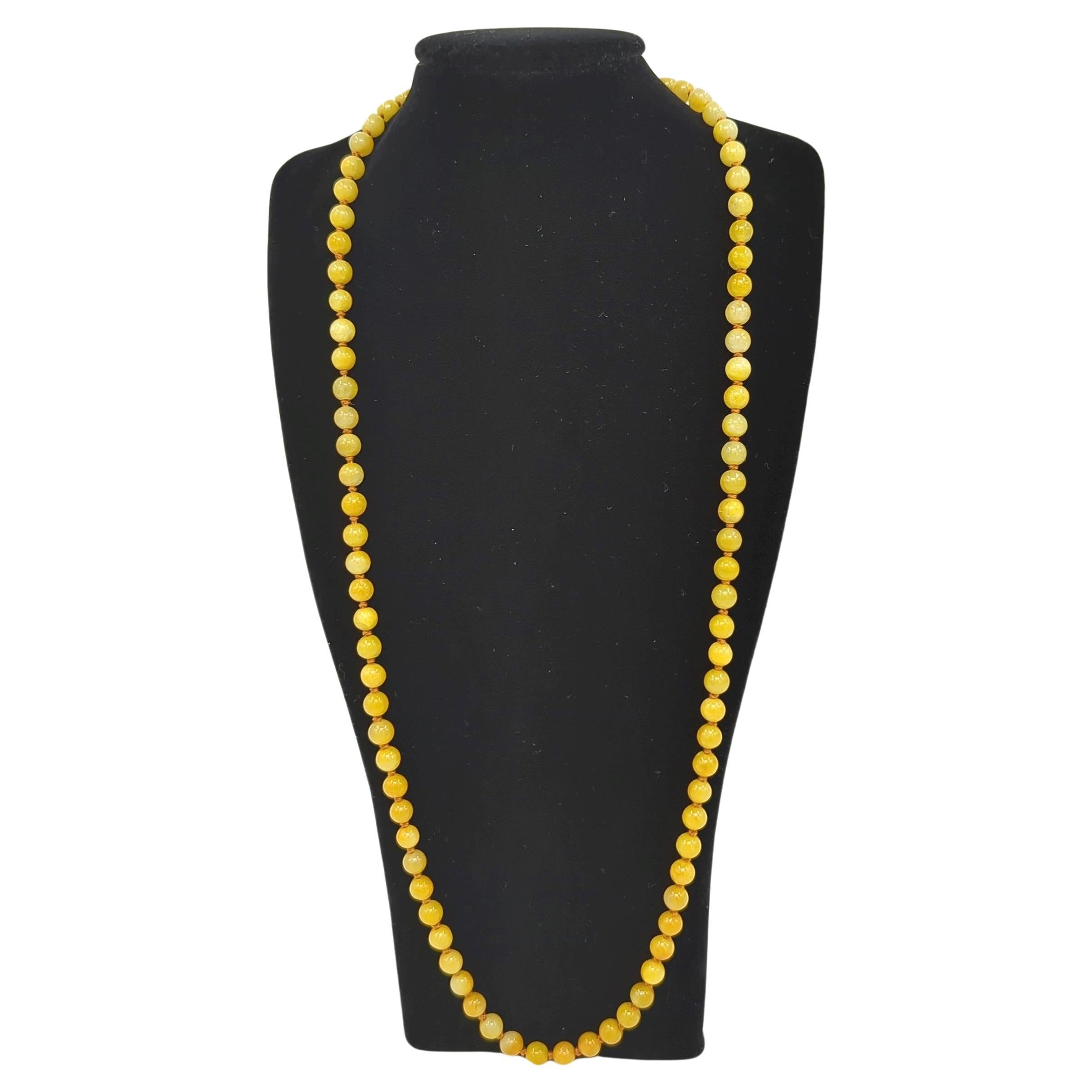 Yellow Honey Jadeite Beaded Necklace 24.5" 88pc A-Grade 14k Gold Ball Clasp NOS