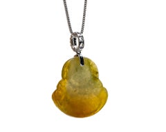 Yellow Jadeite Jade Buddha and Diamond Pendant, Certified Untreated