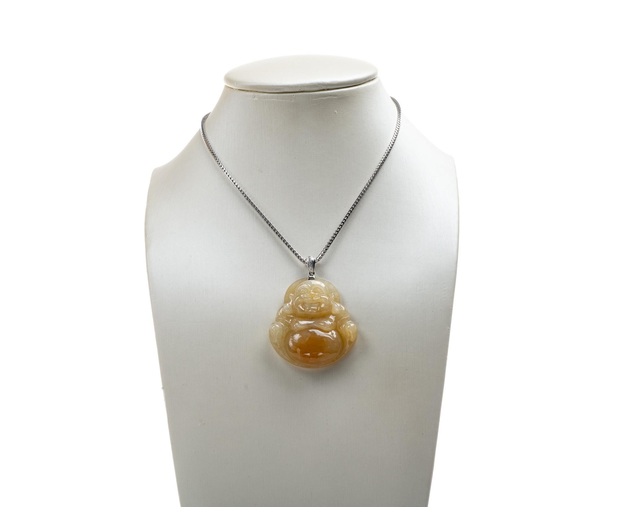 Contemporary Yellow Jadeite Jade Buddha and Diamond Pendant, Certified Untreated For Sale