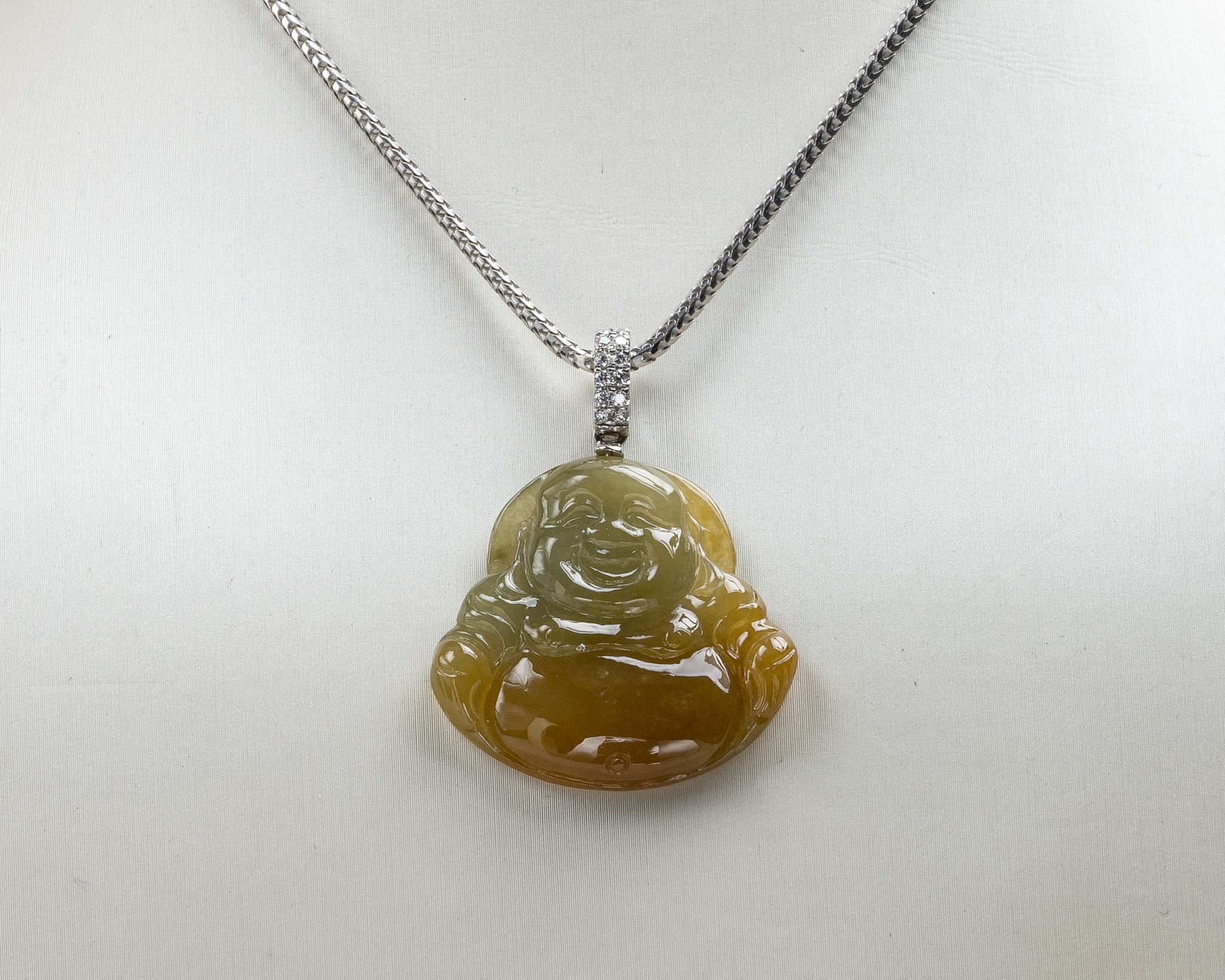 Rough Cut Yellow Jadeite Jade Buddha and Diamond Pendant, Certified Untreated For Sale