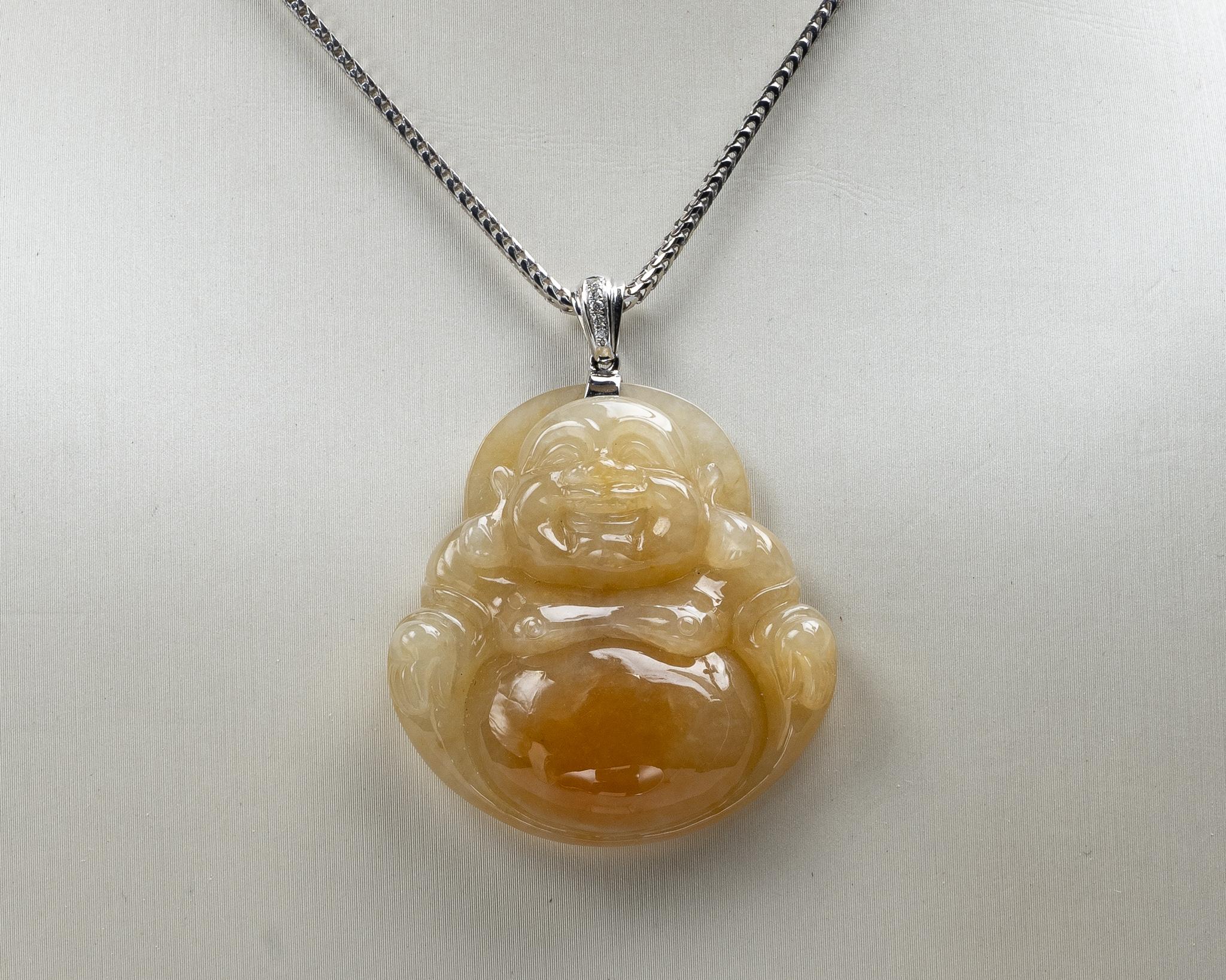Rough Cut Yellow Jadeite Jade Buddha and Diamond Pendant, Certified Untreated For Sale