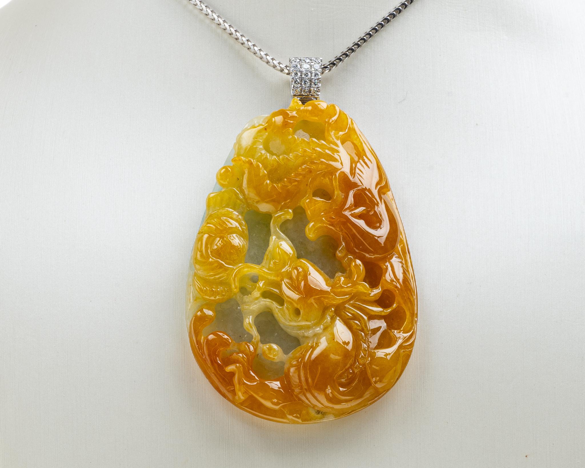 Rough Cut Yellow Jadeite Jade Dragon and Phoenix Pendant, Certified Untreated For Sale