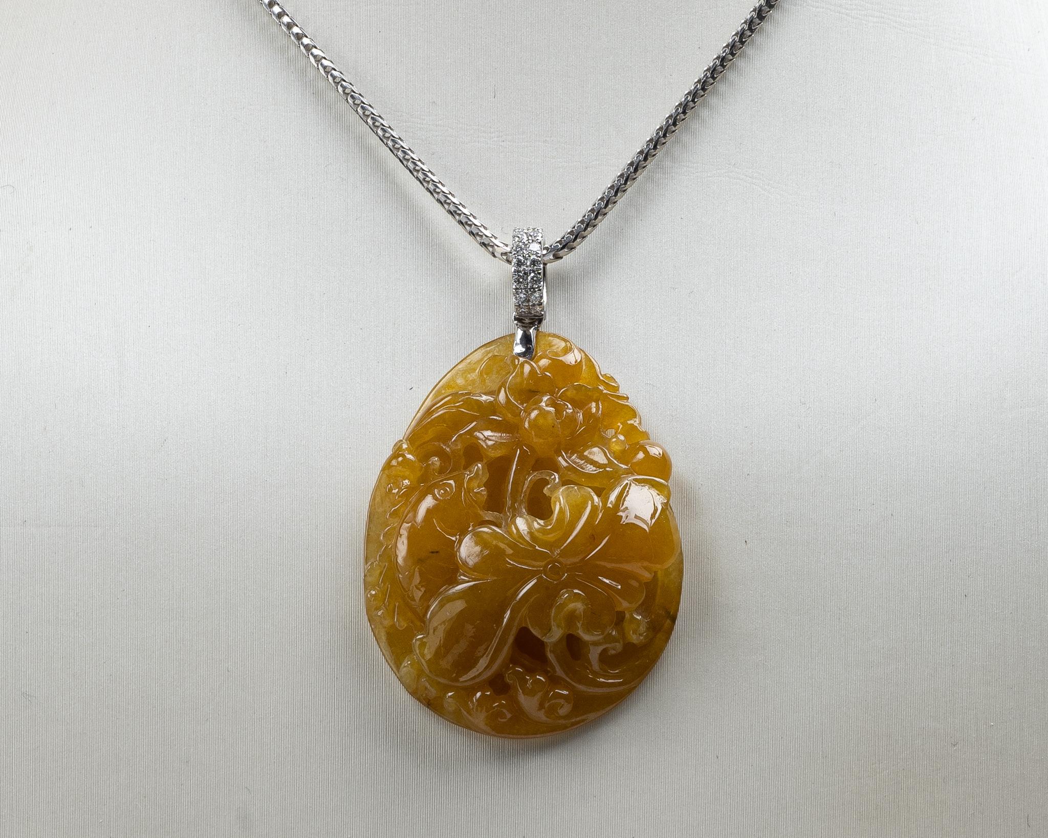 Rough Cut Yellow Jadeite Jade Lotus Flower and Fish Pendant, Certified Untreated For Sale