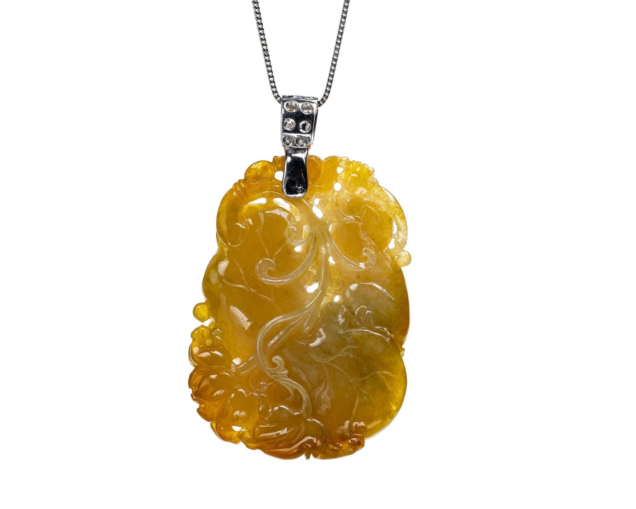 Contemporary Yellow Jadeite Jade Lotus Leaf Pendant, Certified Untreated For Sale