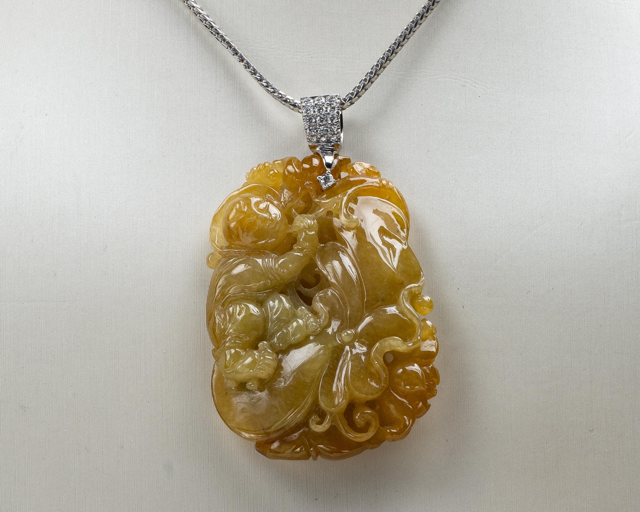Women's or Men's Yellow Jadeite Jade Lotus Leaf Pendant, Certified Untreated For Sale