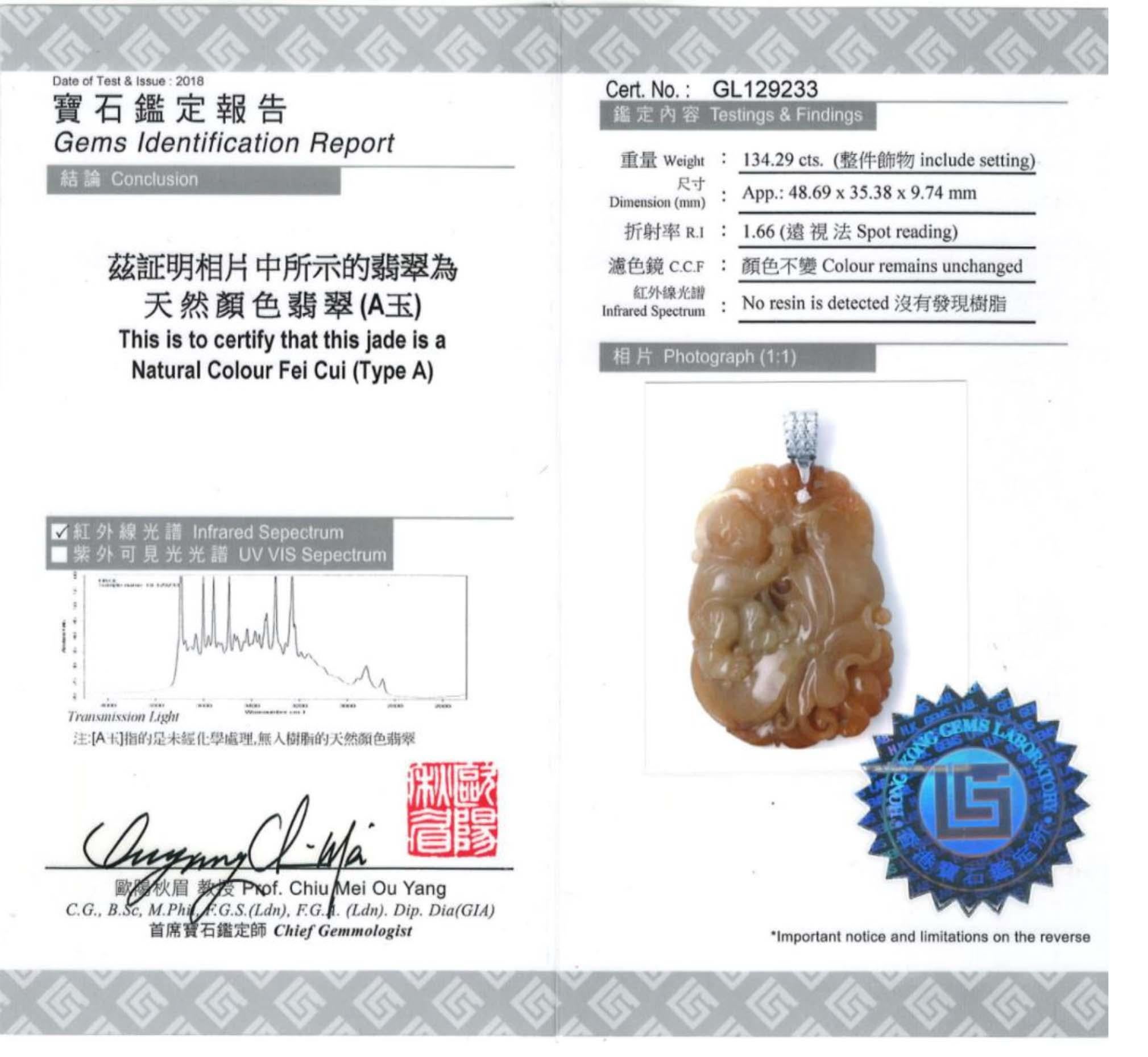 Yellow Jadeite Jade Lotus Leaf Pendant, Certified Untreated For Sale 1