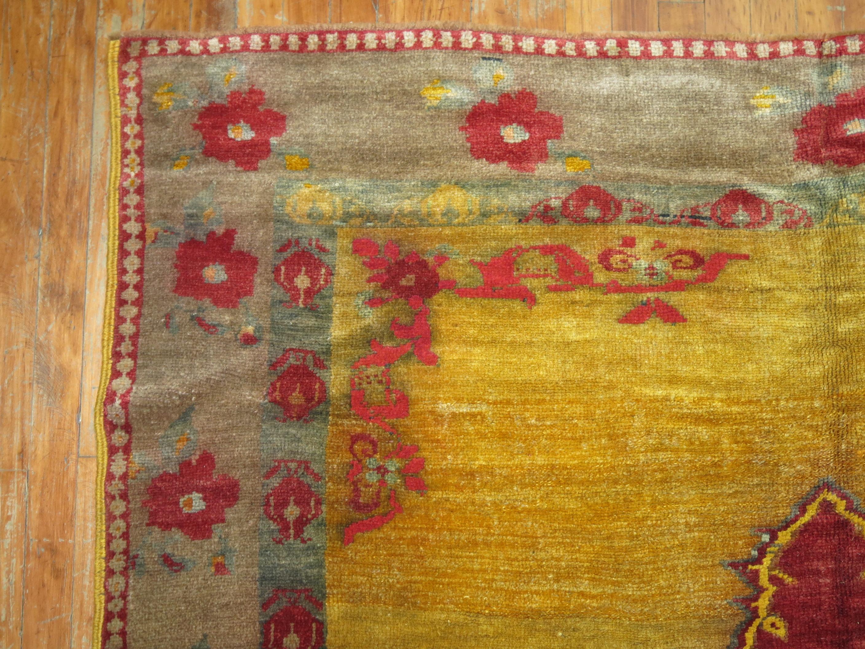 Romantic Zabihi Collection Yellow Turkish Gallery Rug For Sale