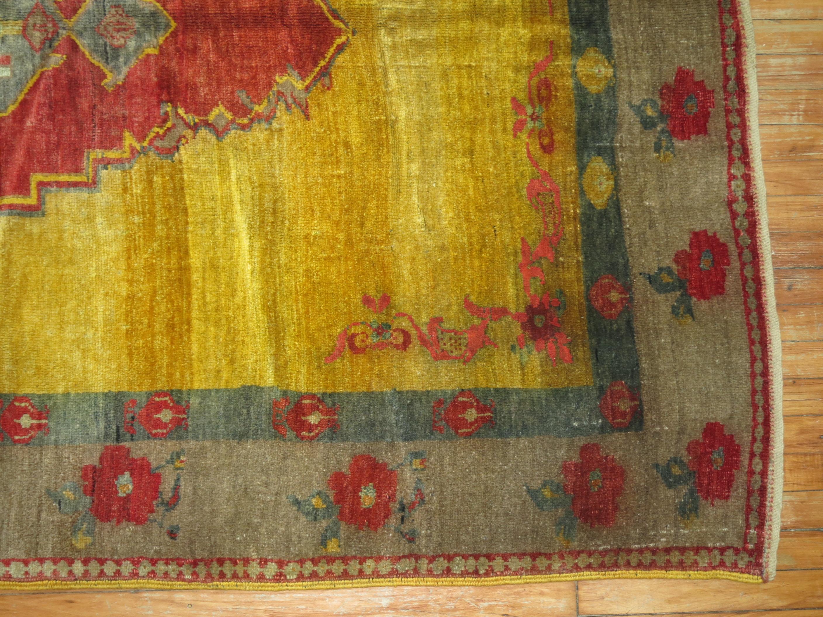 Hand-Knotted Zabihi Collection Yellow Turkish Gallery Rug For Sale