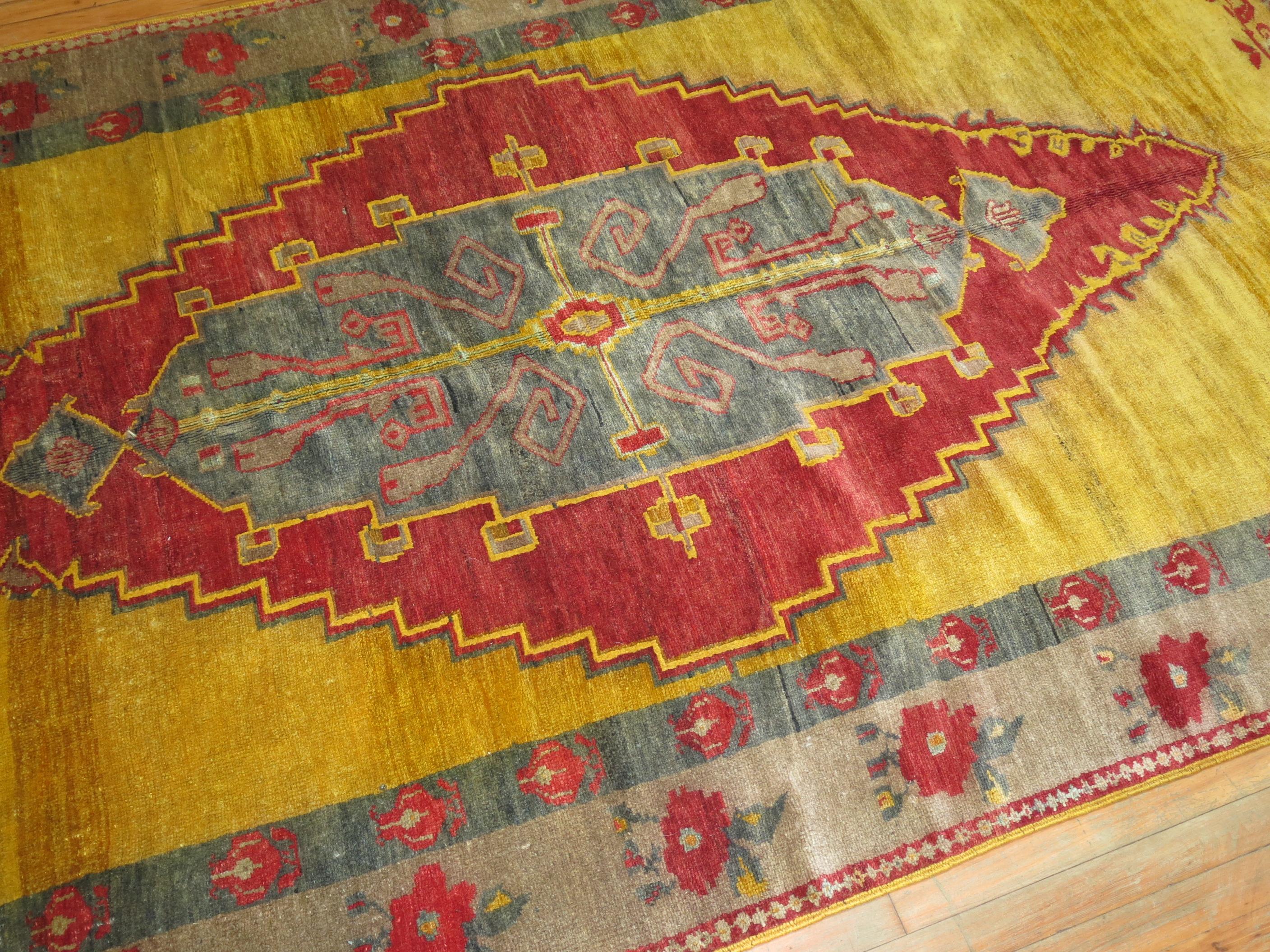 Wool Zabihi Collection Yellow Turkish Gallery Rug For Sale