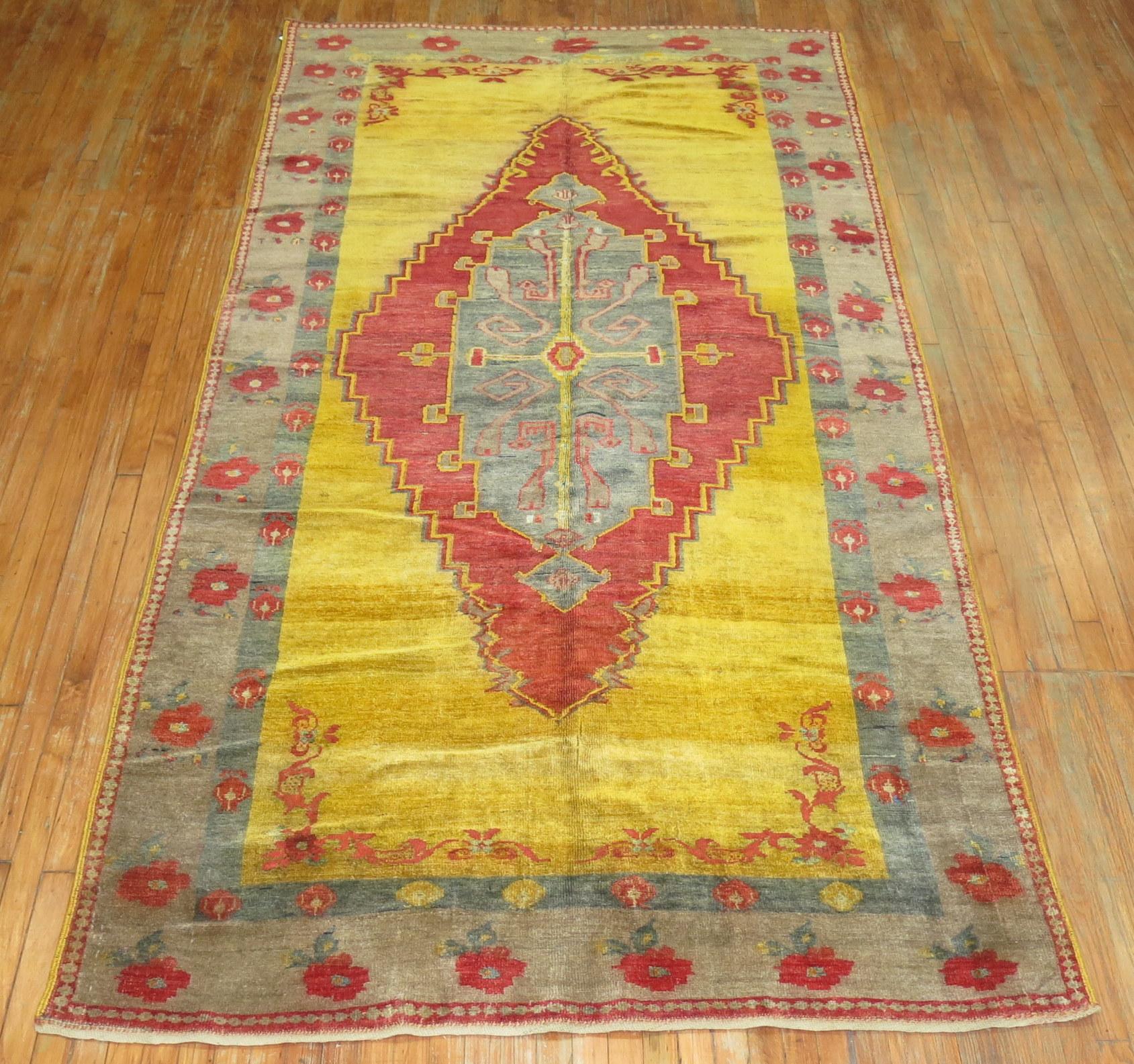 Zabihi Collection Yellow Turkish Gallery Rug For Sale 1