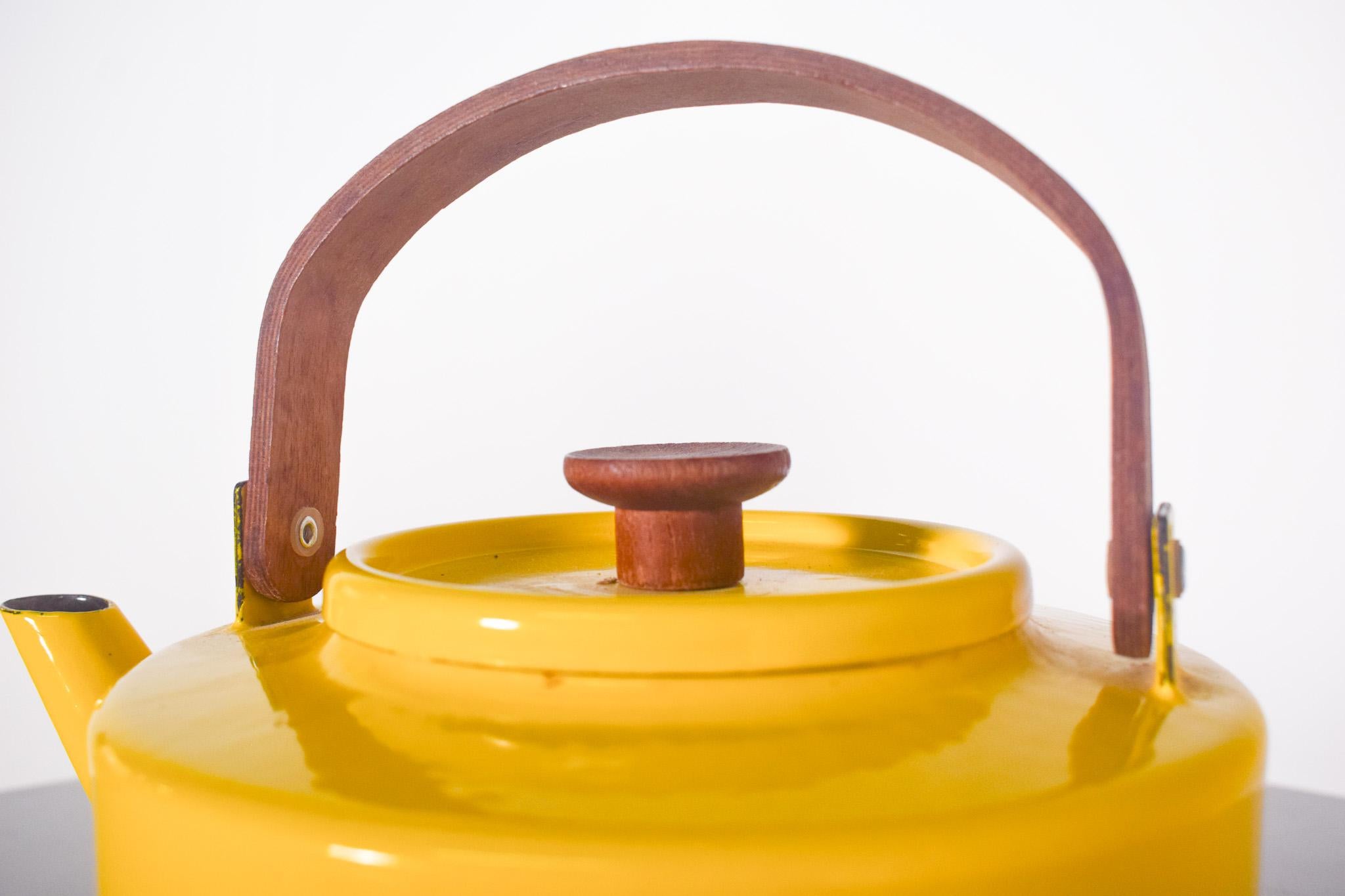 Modern Yellow kettle, Michael Lax, Copco in Enamel and Teak For Sale