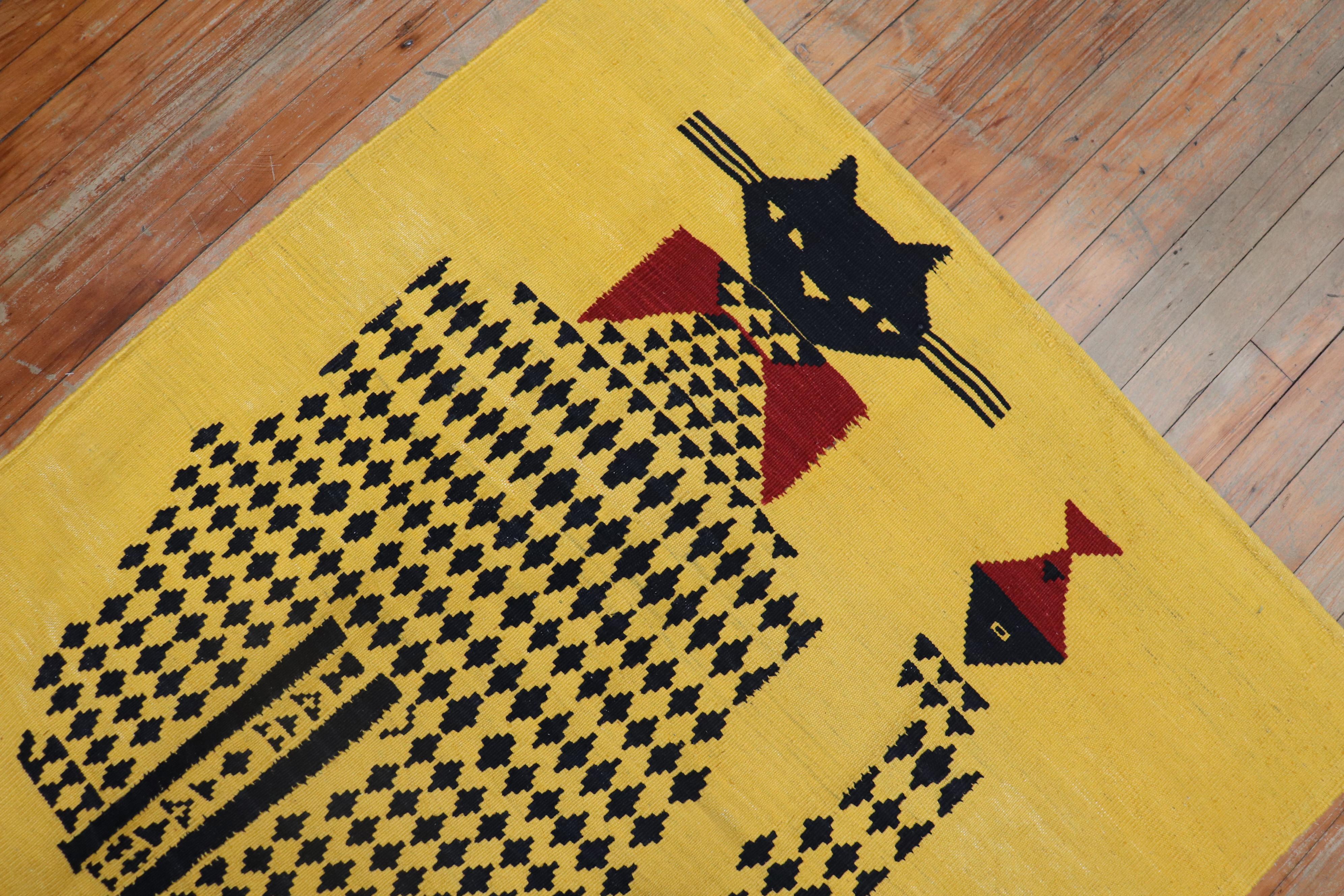 Archaistic Yellow Kitten Face Vintage Persian Flat-Weave
