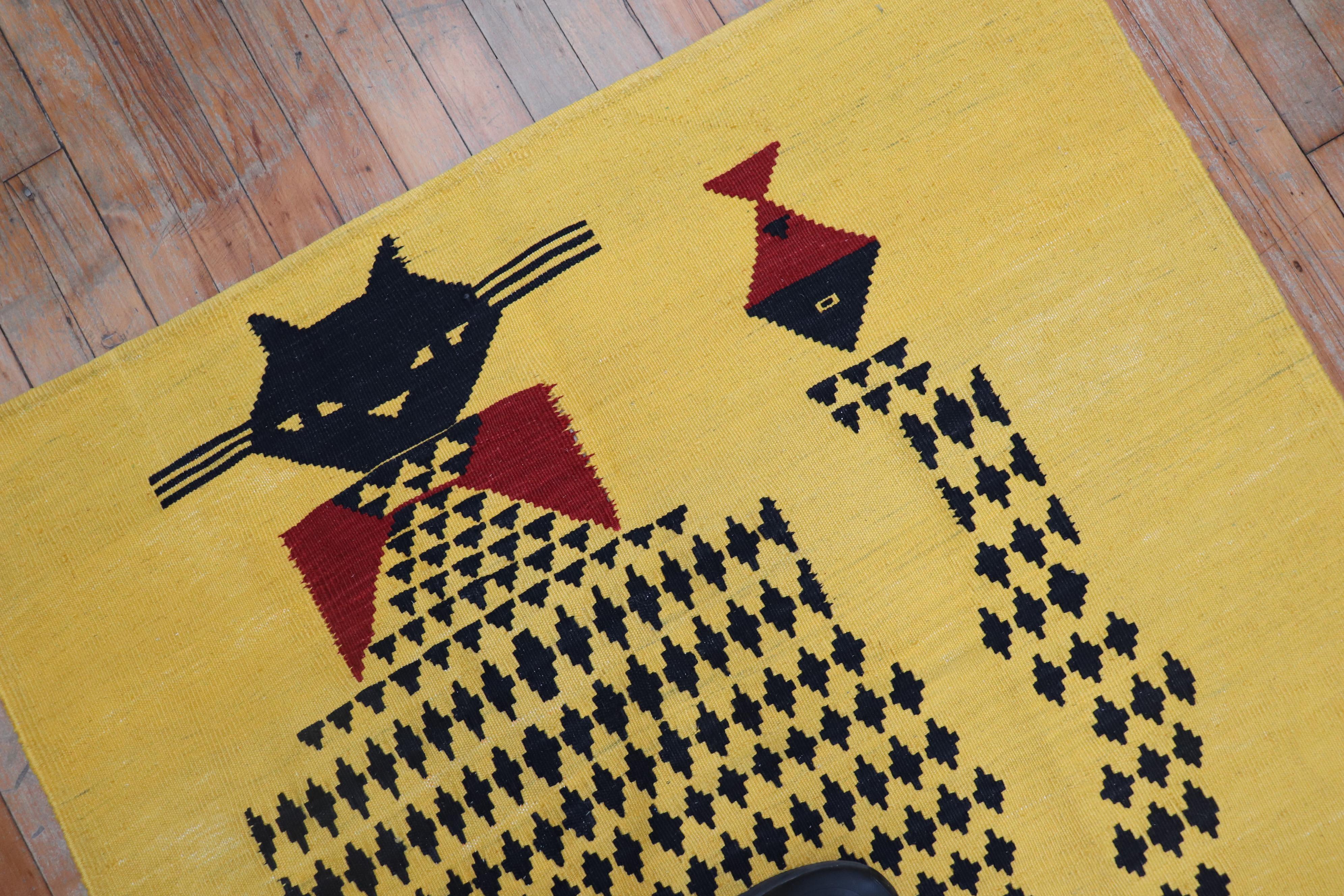 Yellow Kitten Face Vintage Persian Flat-Weave In Good Condition In New York, NY