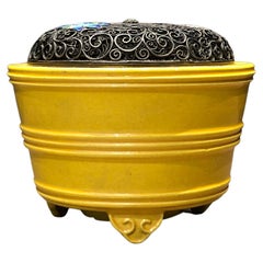 Yellow Kyouyaki Incense Burner with Silver Lid with Lotus Design, Taisho Period