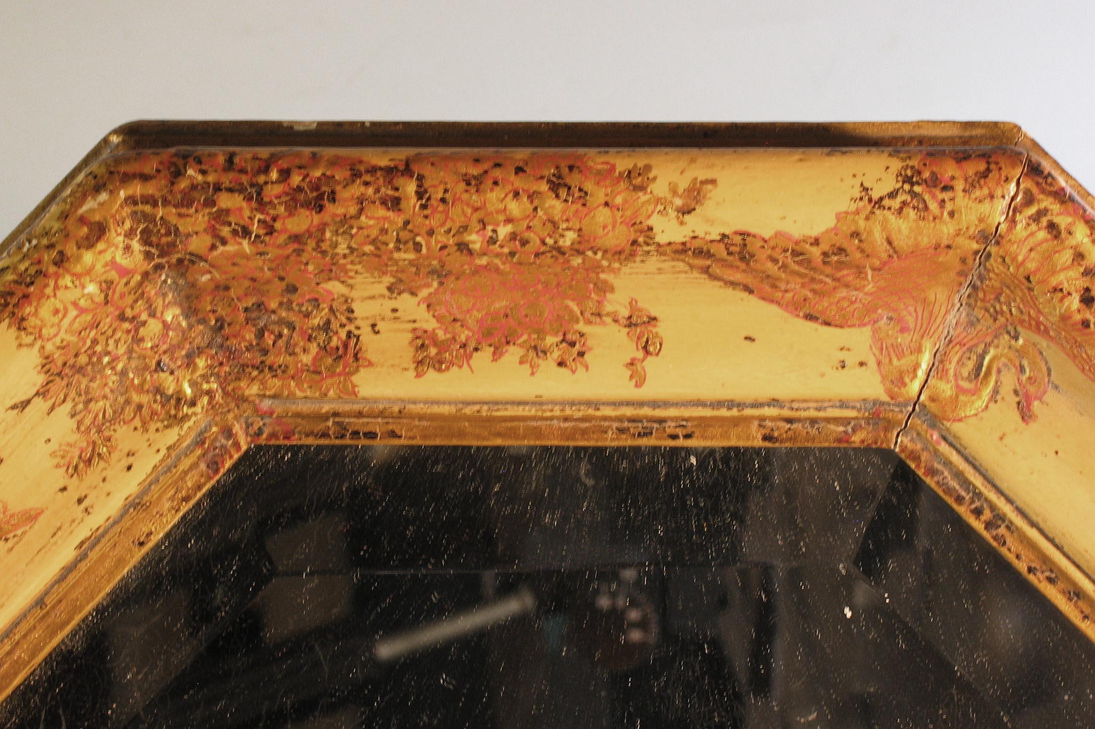 Hand-Crafted Yellow Lacquer Chinoiserie Octagonal Wall Mirror, First Half of the 20th Century For Sale