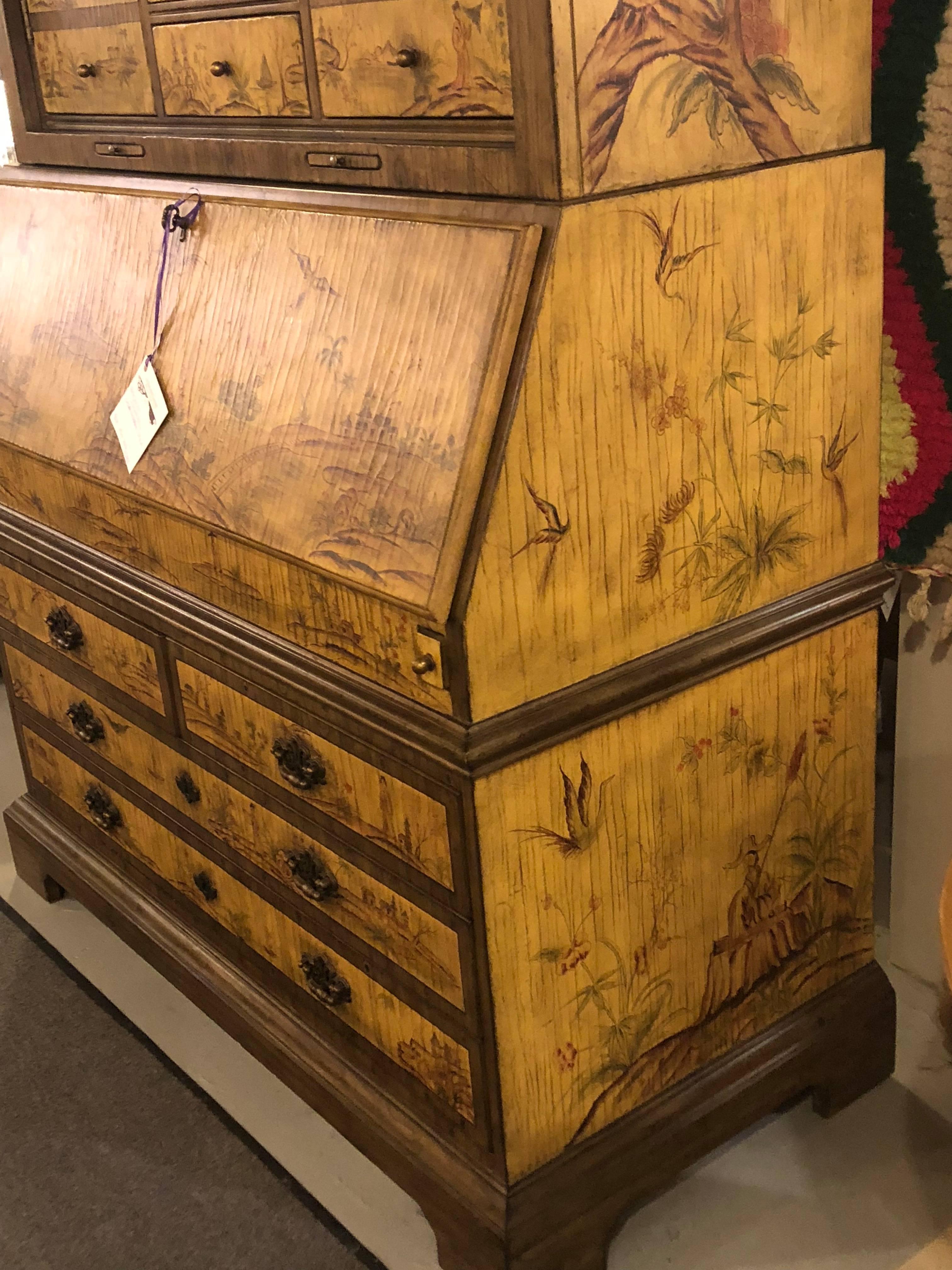 Yellow Lacquer Chinoiserie Style Decorated Secretary Desk 13