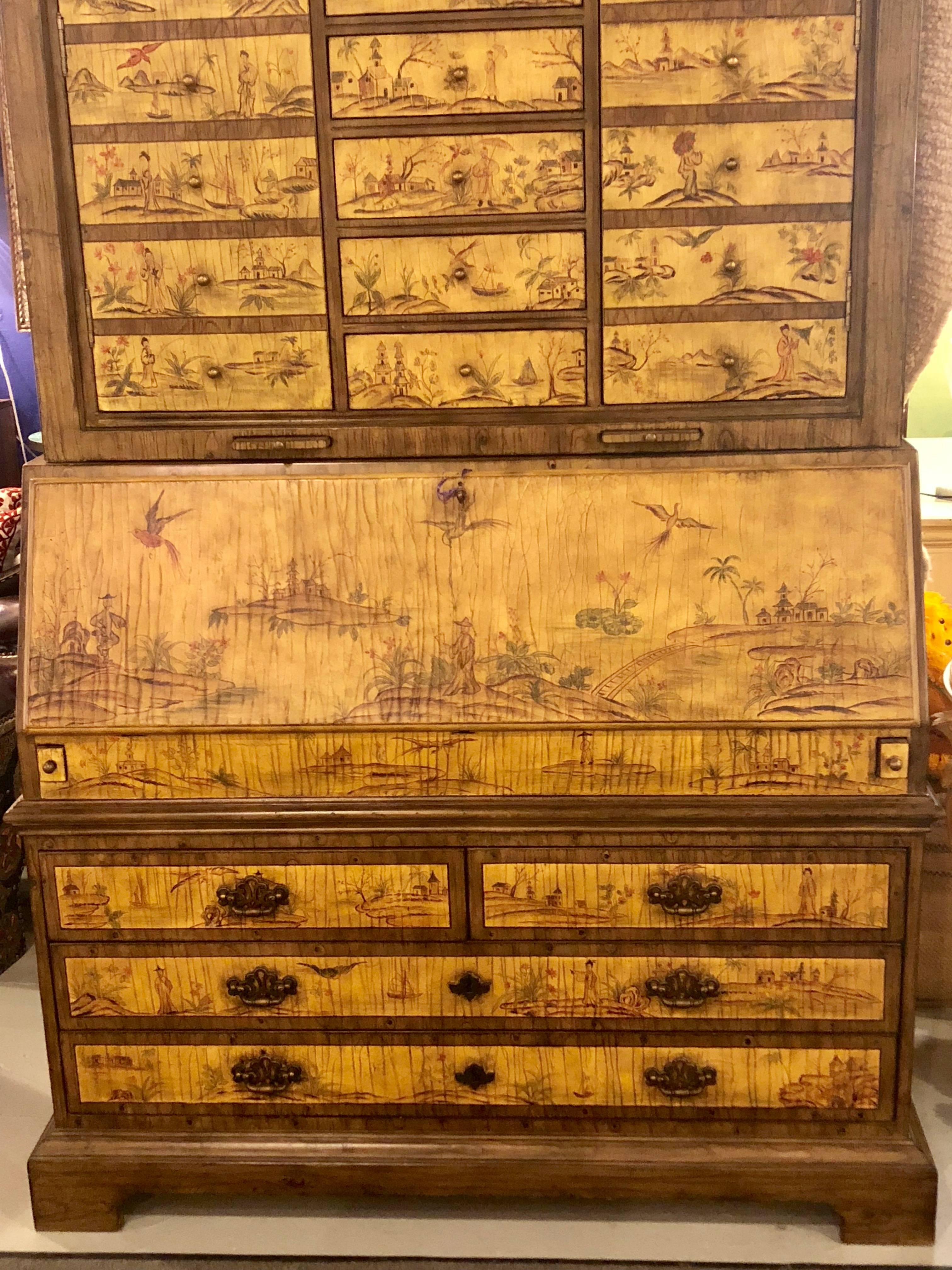 20th Century Yellow Lacquer Chinoiserie Style Decorated Secretary Desk