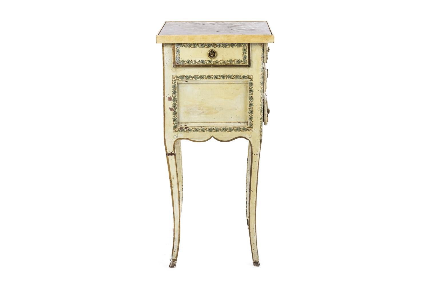 French Yellow Lacquered Bedside Table with Drawers and Gilt Bronze, Louis XV Period