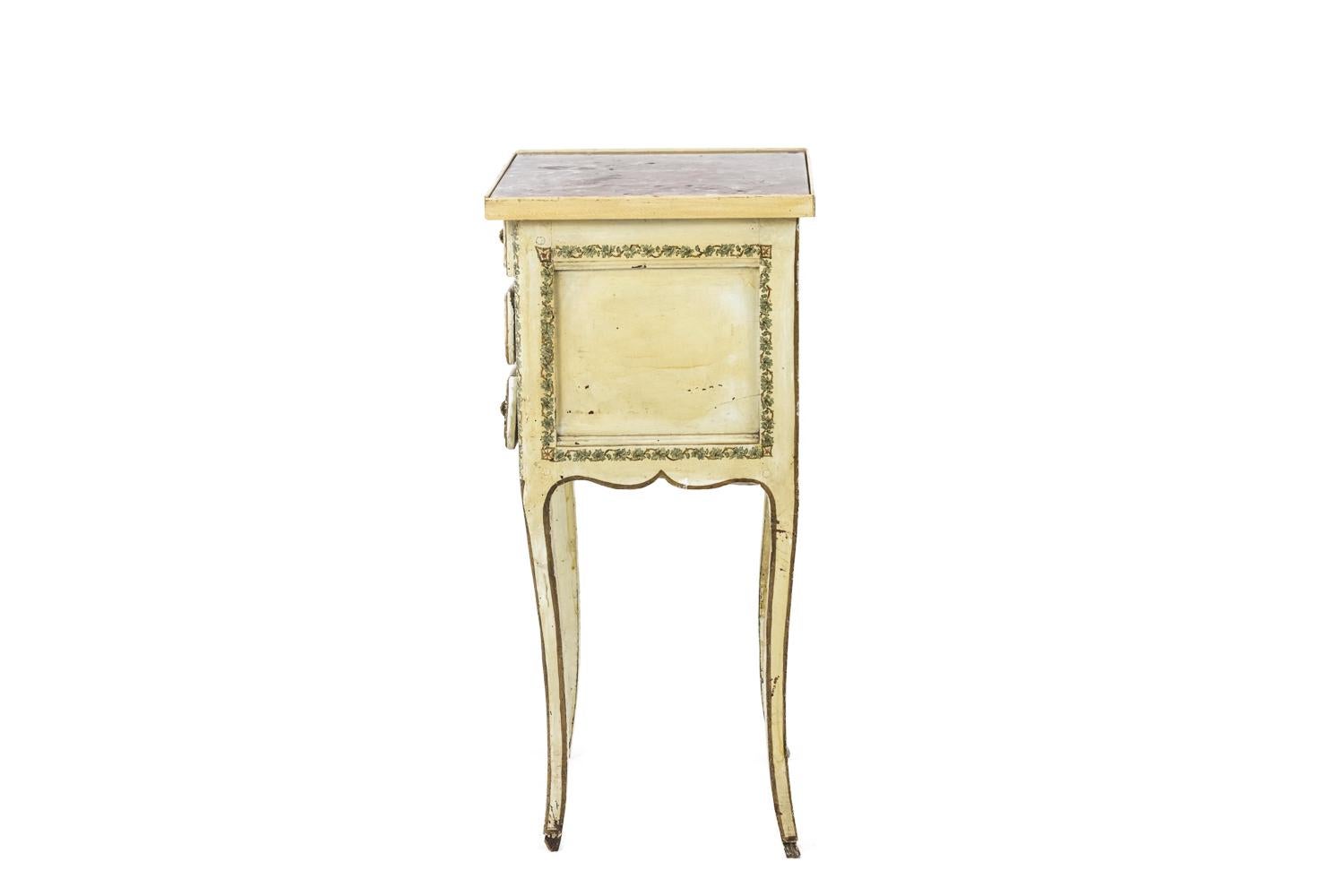 Yellow Lacquered Bedside Table with Drawers and Gilt Bronze, Louis XV Period In Good Condition In Saint-Ouen, FR