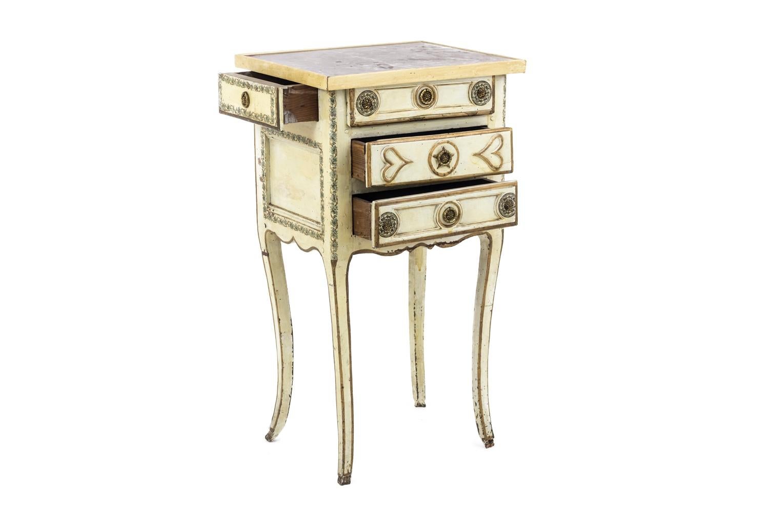 Yellow Lacquered Bedside Table with Drawers and Gilt Bronze, Louis XV Period 1