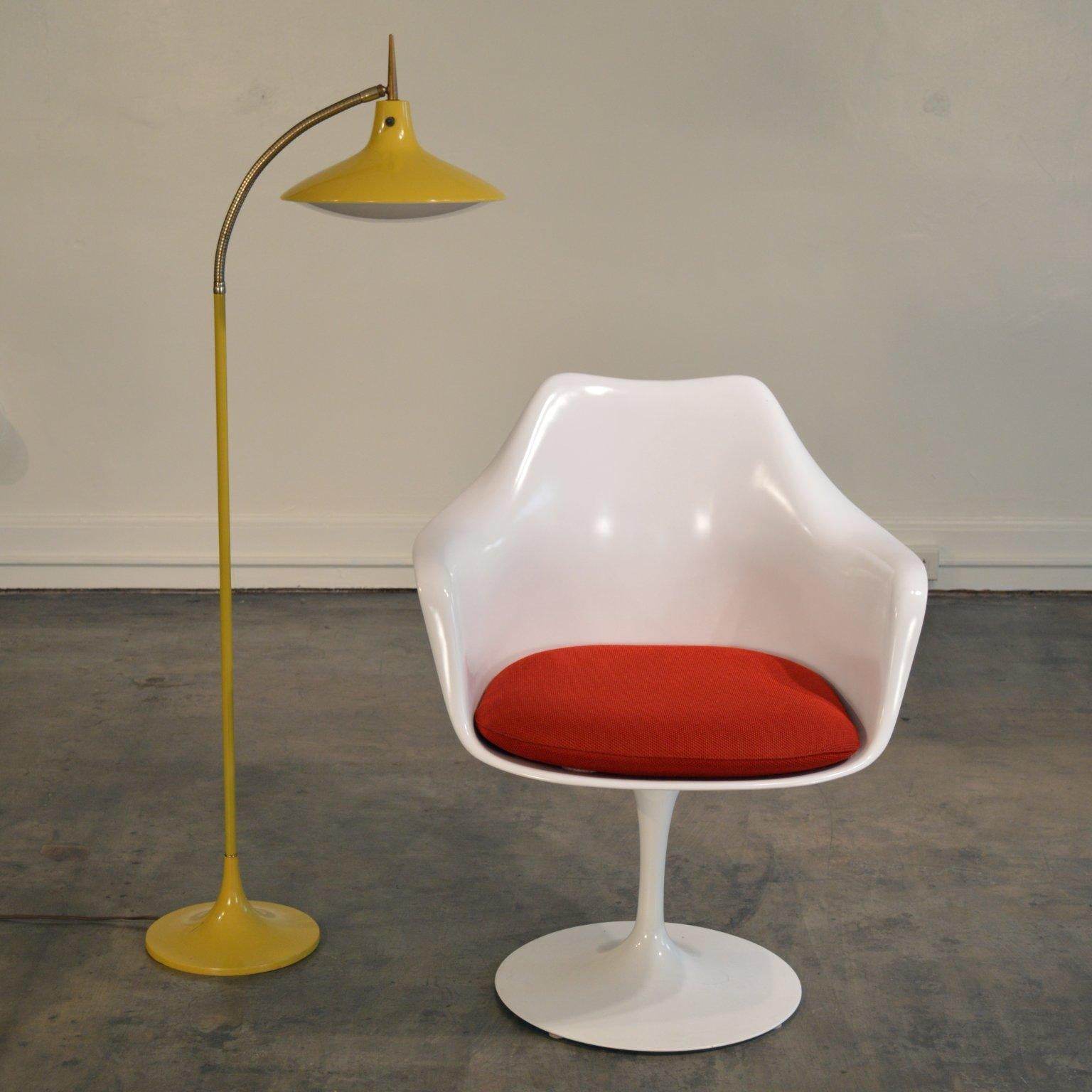 Mid-Century Yellow floor Lamp designed by Richard Barr and Harold Weiss for the Laurel Lamp Company circa 1965. Original 'Mustard' Color, Model B-683, UFO shaped floor lamp on brass articulating gooseneck with tulip-shaped enameled metal base.